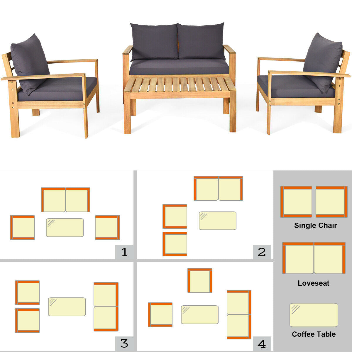 4 Pieces Outdoor Acacia Wood Chat Set with Removable Cushions and Table, Gray Patio Conversation Sets   at Gallery Canada