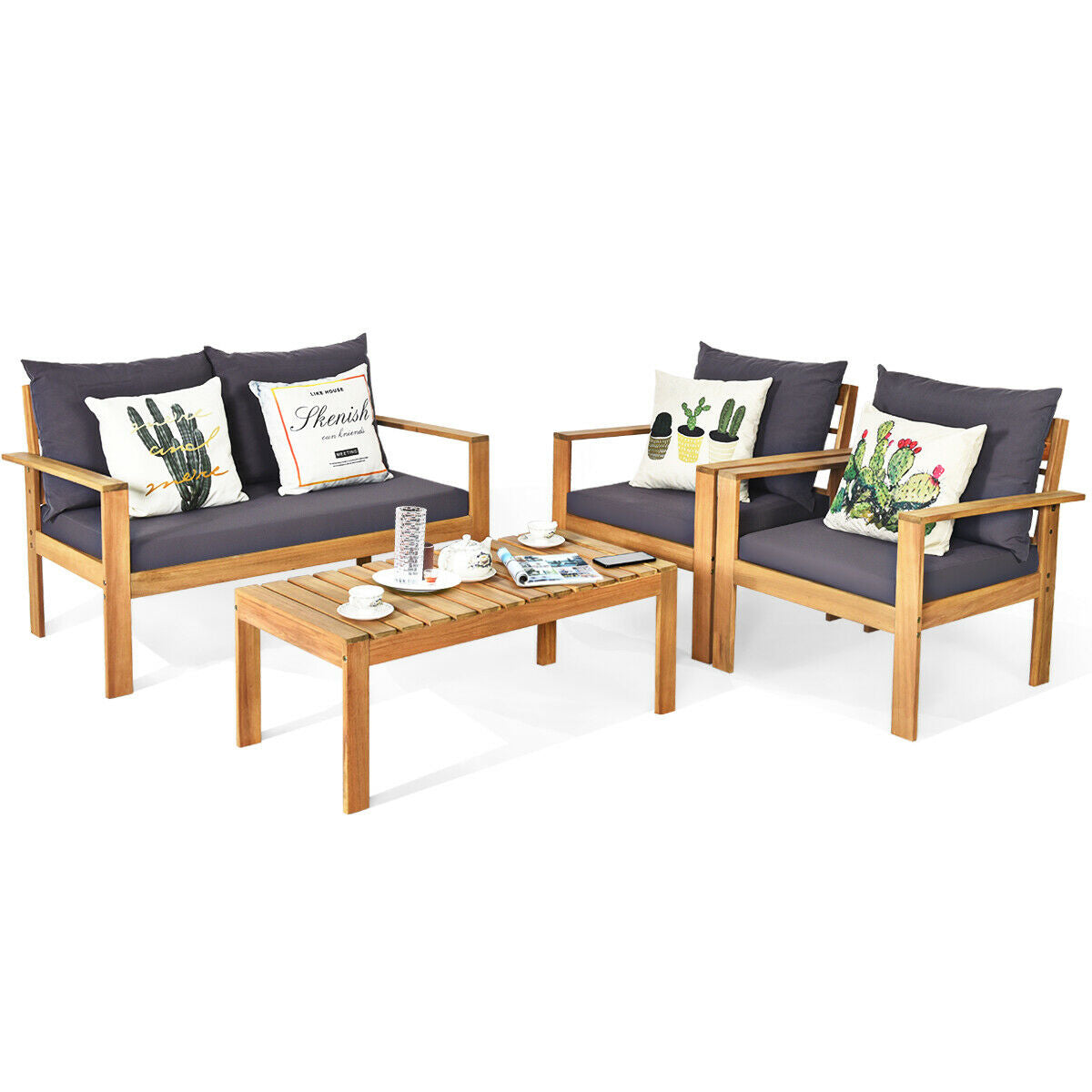 4 Pieces Outdoor Acacia Wood Chat Set with Removable Cushions and Table, Gray Patio Conversation Sets   at Gallery Canada