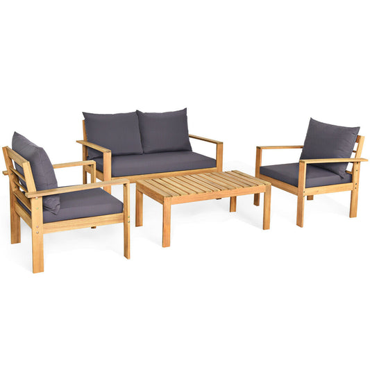 4 Pieces Outdoor Acacia Wood Chat Set with Removable Cushions and Table, Gray Patio Conversation Sets Gray  at Gallery Canada