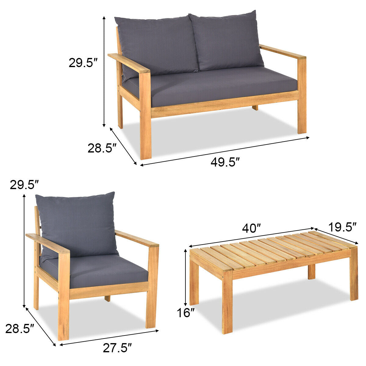 4 Pieces Outdoor Acacia Wood Chat Set with Removable Cushions and Table, Gray Patio Conversation Sets   at Gallery Canada