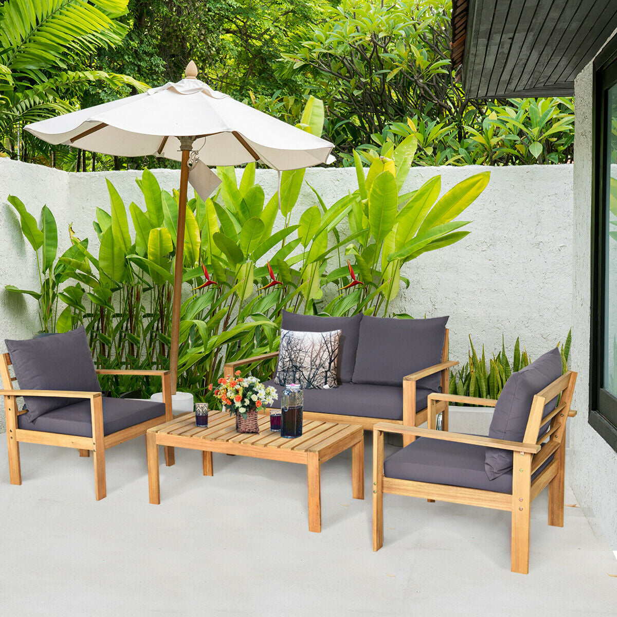 4 Pieces Outdoor Acacia Wood Chat Set with Removable Cushions and Table, Gray Patio Conversation Sets   at Gallery Canada