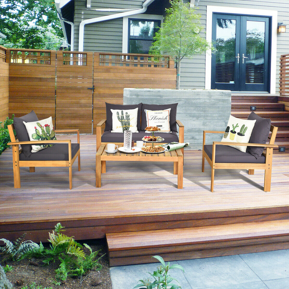 4 Pieces Outdoor Acacia Wood Chat Set with Removable Cushions and Table, Gray Patio Conversation Sets   at Gallery Canada