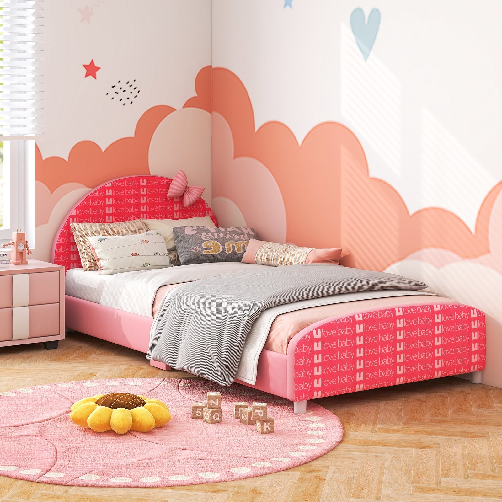 Wood Upholstered Twin Bed Platform with Slat Support, Pink Toddler Beds   at Gallery Canada