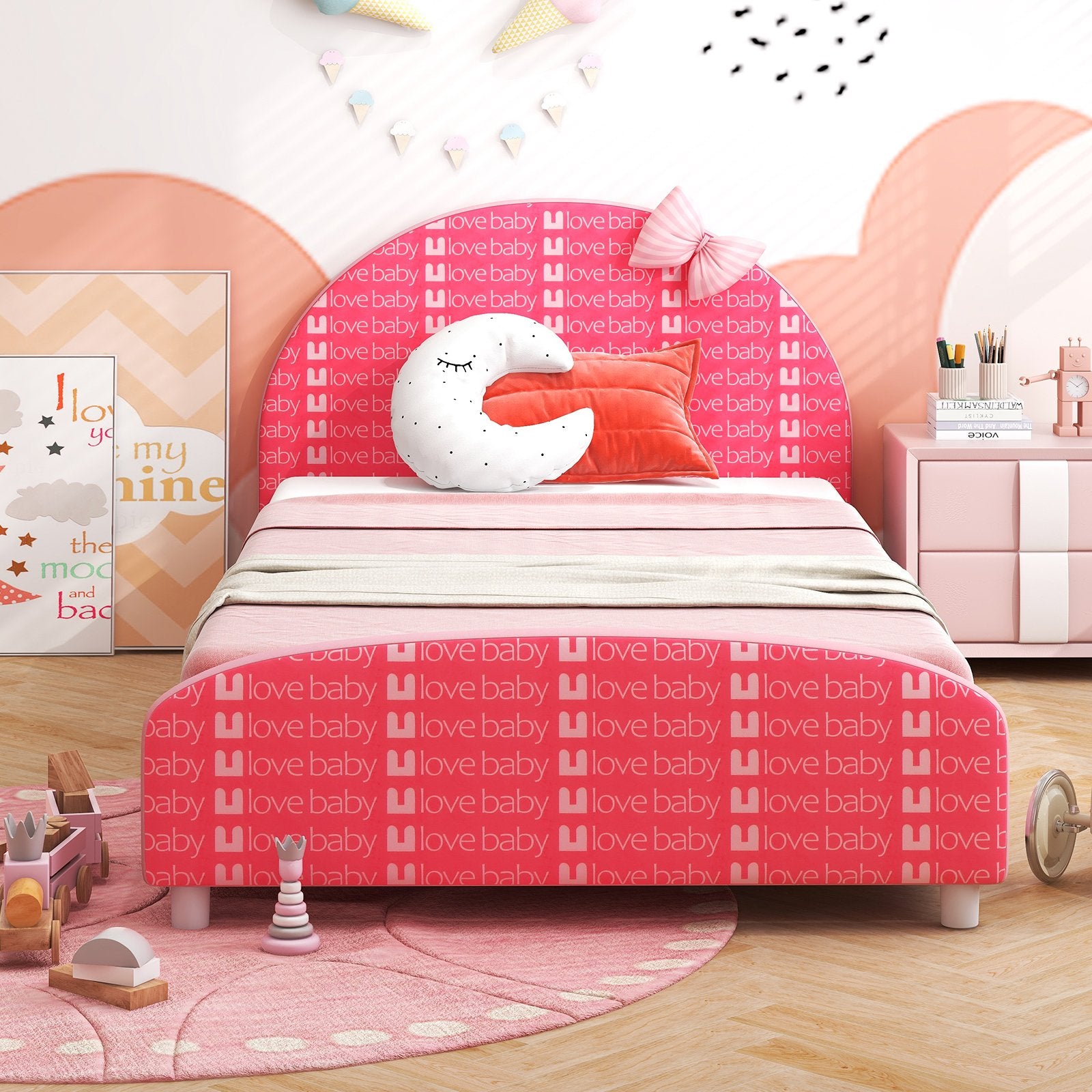 Wood Upholstered Twin Bed Platform with Slat Support, Pink Toddler Beds   at Gallery Canada