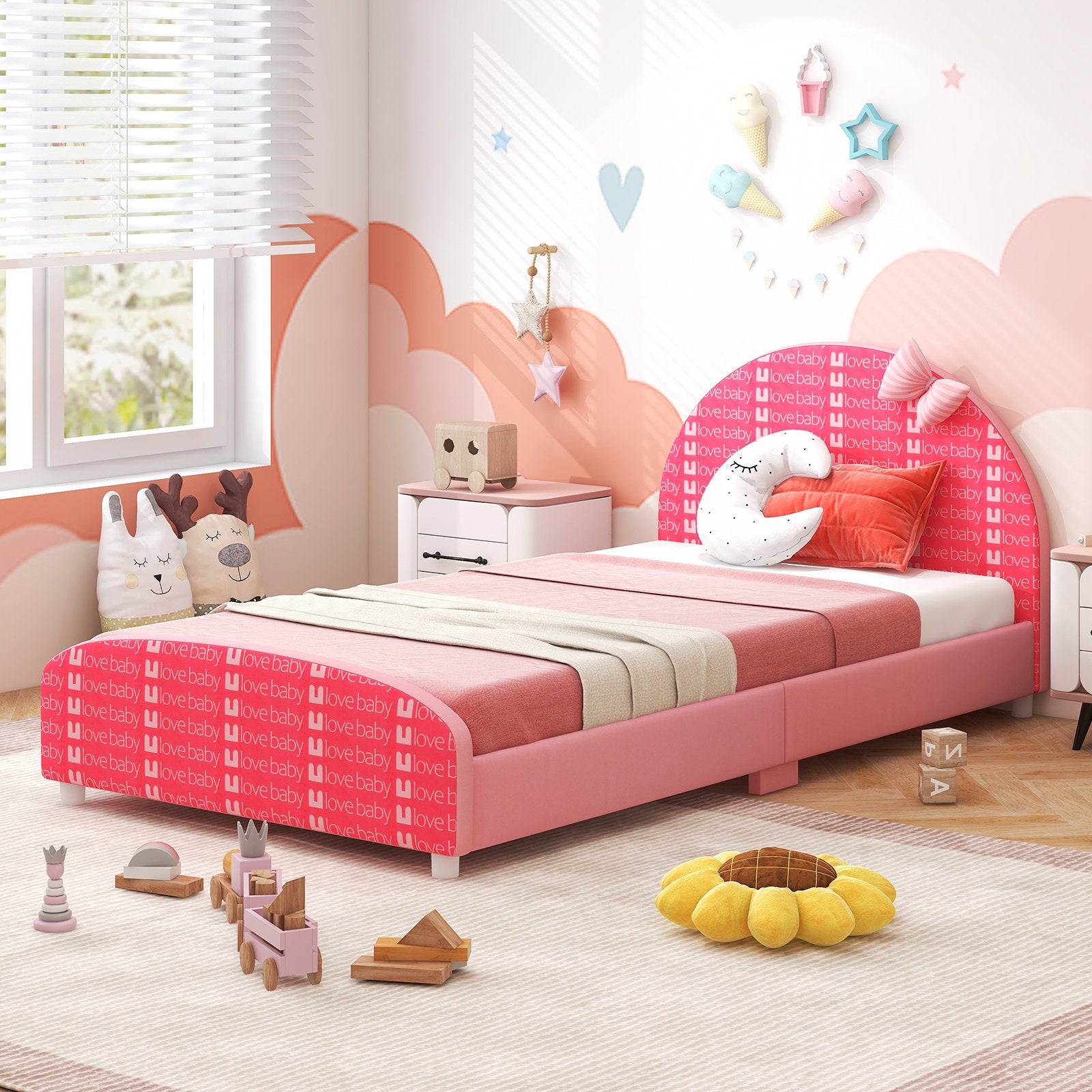 Wood Upholstered Twin Bed Platform with Slat Support, Pink Toddler Beds   at Gallery Canada