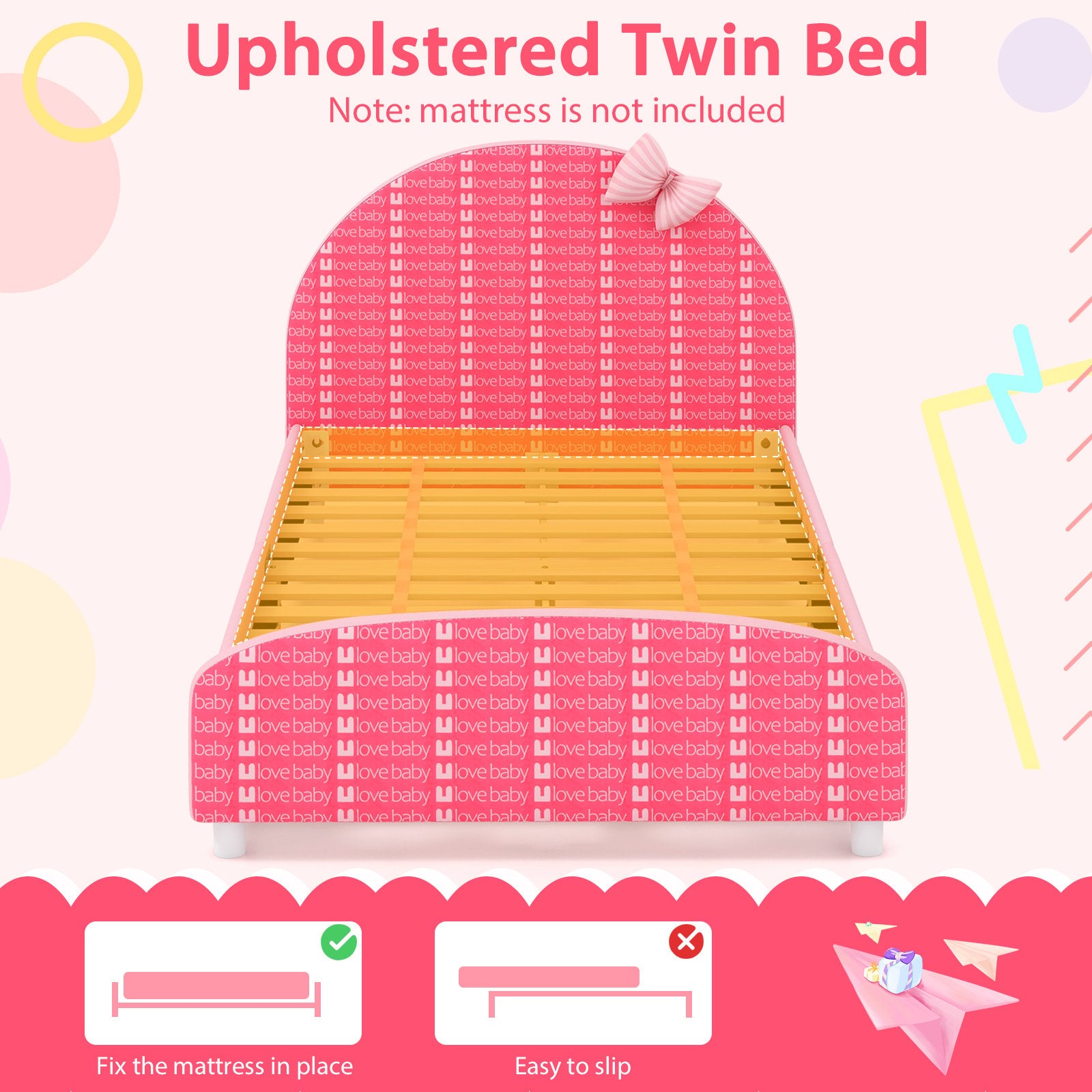 Wood Upholstered Twin Bed Platform with Slat Support, Pink Toddler Beds   at Gallery Canada