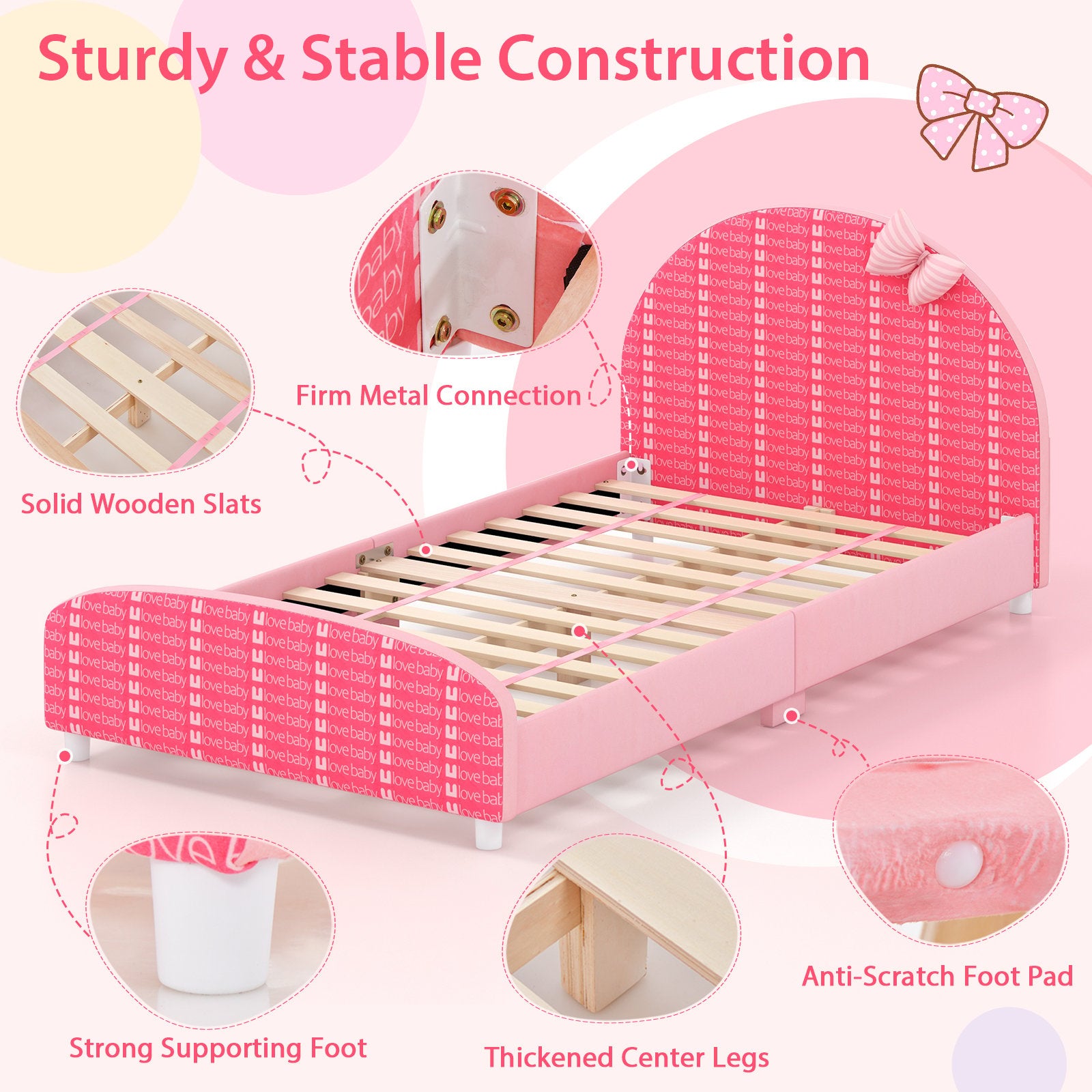 Wood Upholstered Twin Bed Platform with Slat Support, Pink Toddler Beds   at Gallery Canada