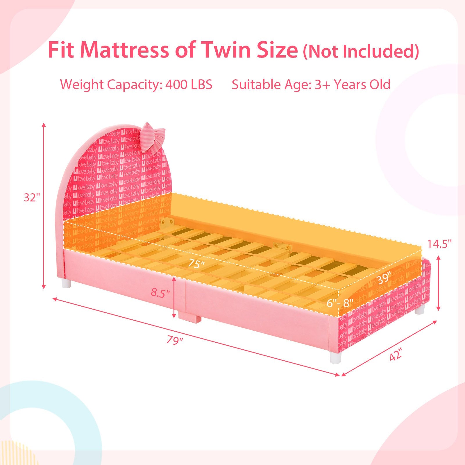 Wood Upholstered Twin Bed Platform with Slat Support, Pink Toddler Beds   at Gallery Canada