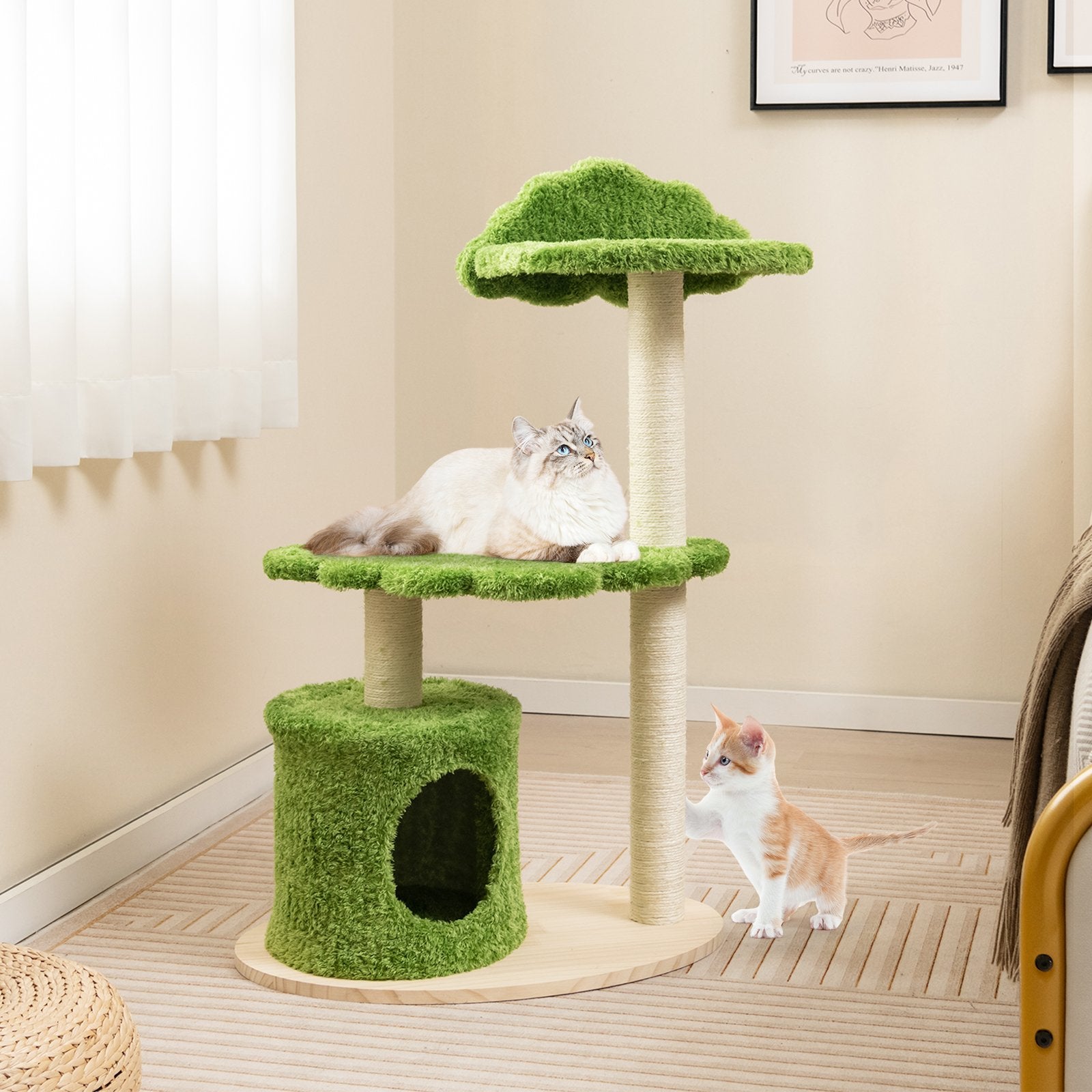 38 Inch Cute Cat Tree for Indoor Cats with Fully Wrapped Sisal Scratching Posts, Green Cat Trees Condos & Scratchers   at Gallery Canada