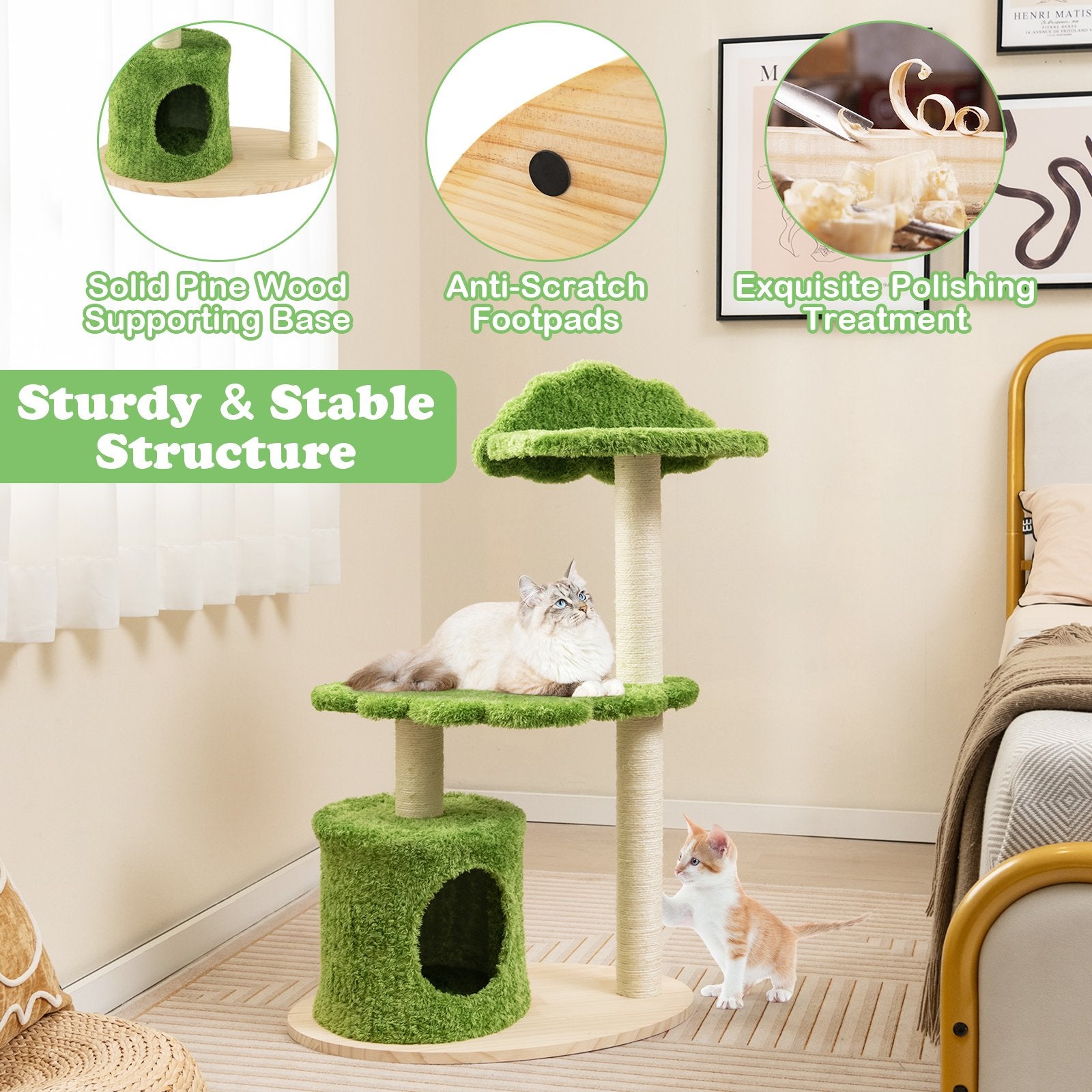 38 Inch Cute Cat Tree for Indoor Cats with Fully Wrapped Sisal Scratching Posts, Green Cat Trees Condos & Scratchers   at Gallery Canada