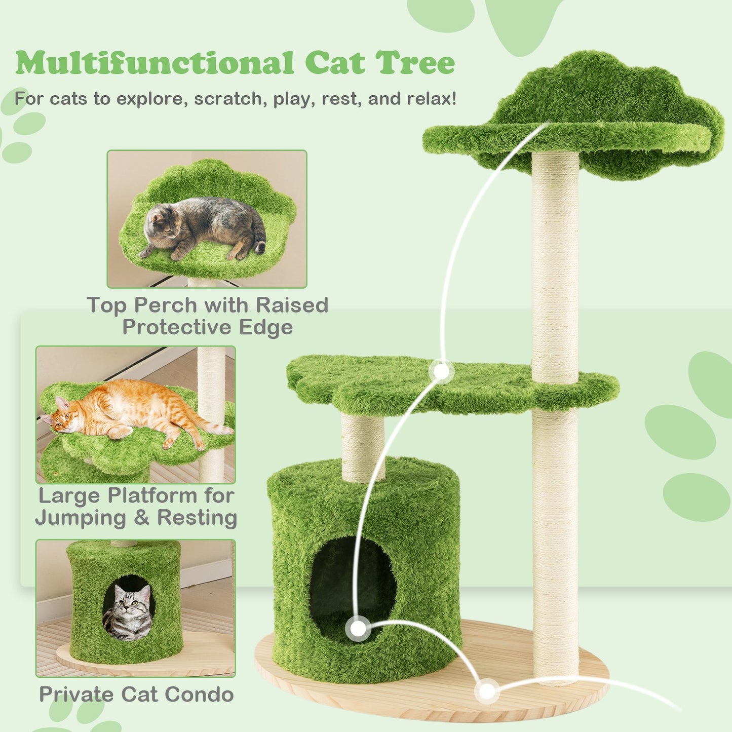 38 Inch Cute Cat Tree for Indoor Cats with Fully Wrapped Sisal Scratching Posts, Green Cat Trees Condos & Scratchers   at Gallery Canada