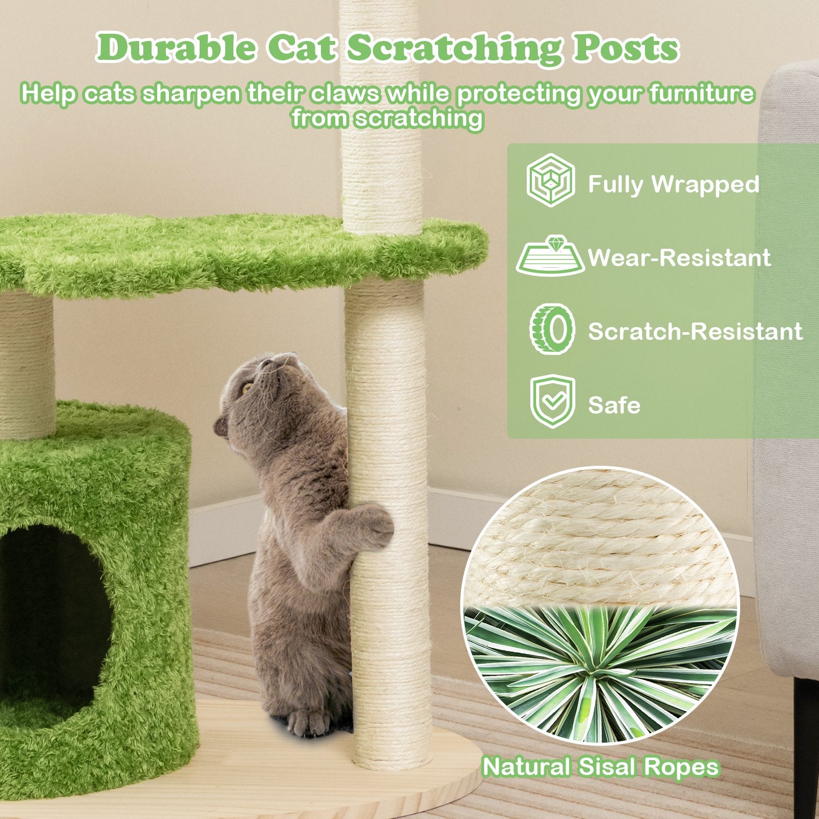 38 Inch Cute Cat Tree for Indoor Cats with Fully Wrapped Sisal Scratching Posts, Green Cat Trees Condos & Scratchers   at Gallery Canada