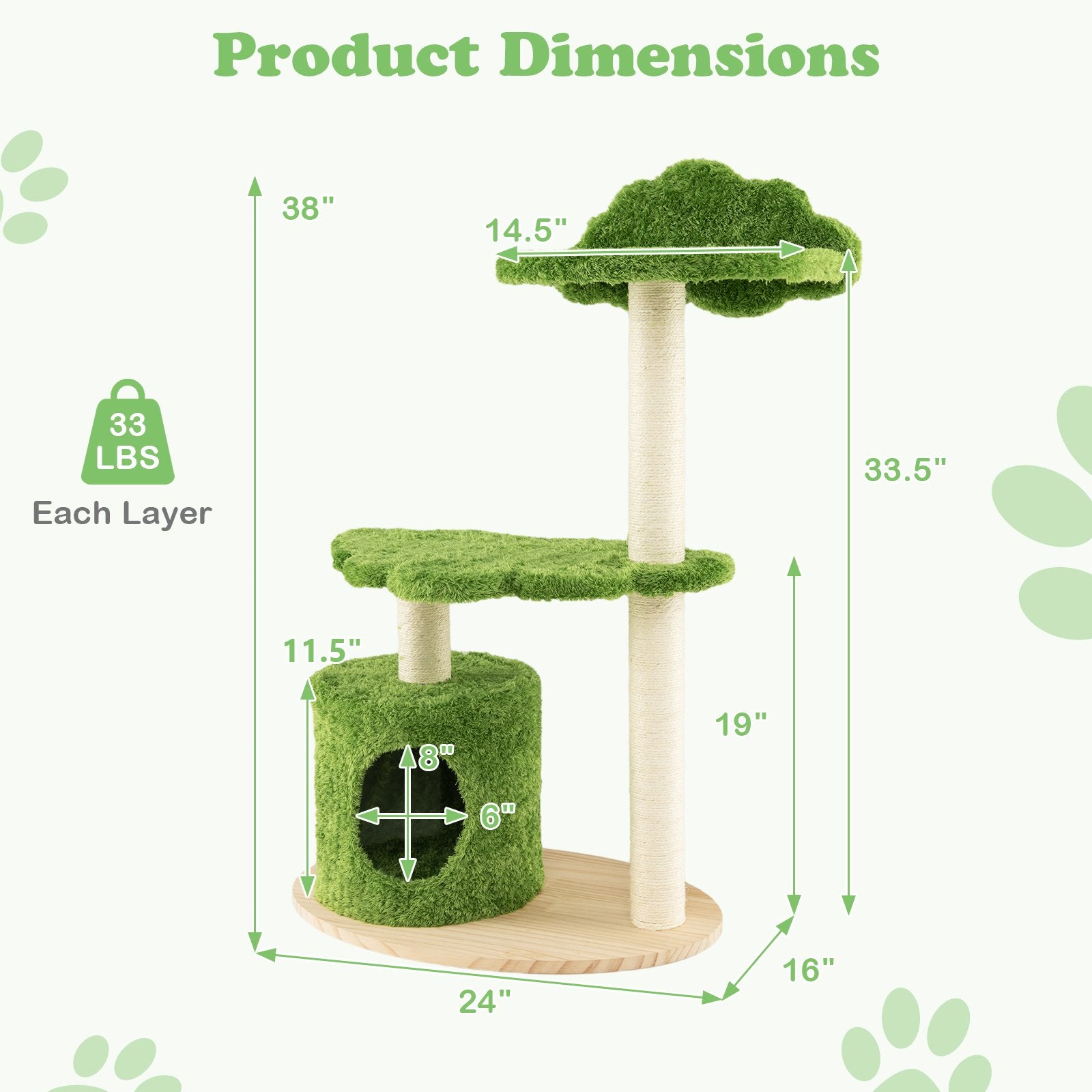 38 Inch Cute Cat Tree for Indoor Cats with Fully Wrapped Sisal Scratching Posts, Green Cat Trees Condos & Scratchers   at Gallery Canada