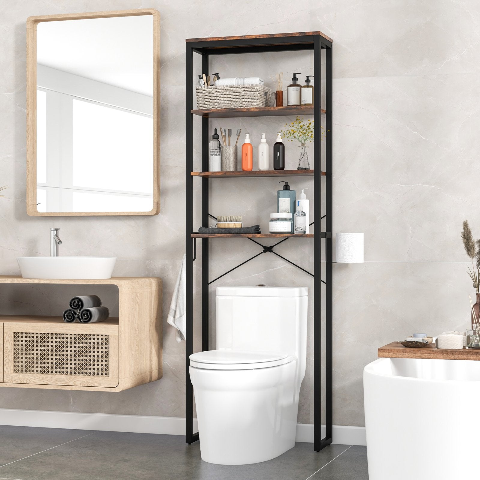 4-Tier Adjustable Bathroom Metal Storage Rack, Rustic Brown Bathroom Etagere   at Gallery Canada