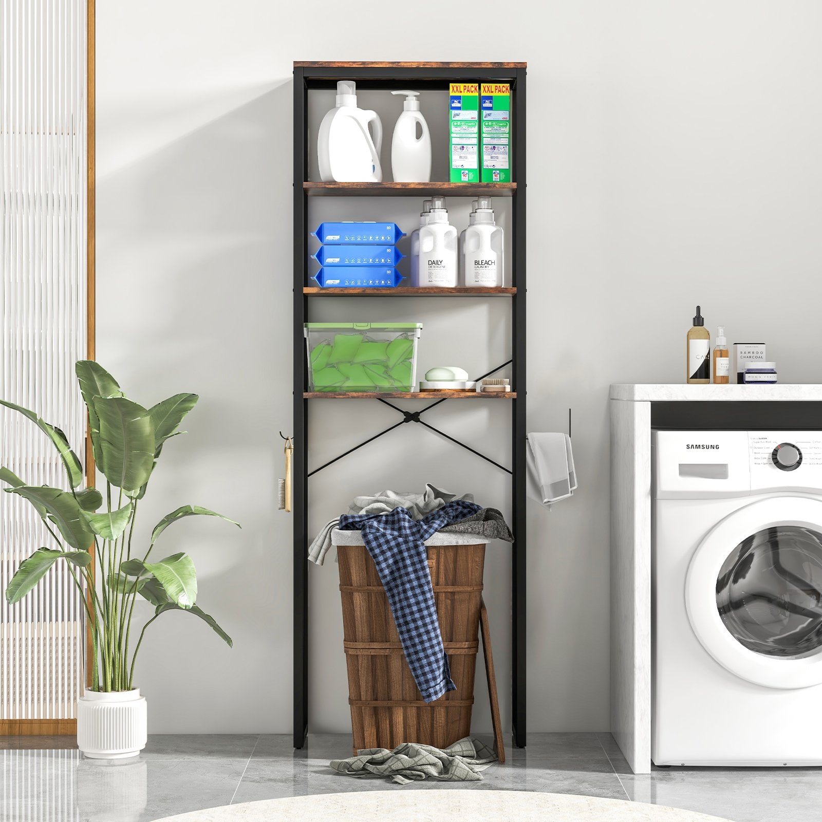 4-Tier Adjustable Bathroom Metal Storage Rack, Rustic Brown Bathroom Etagere   at Gallery Canada