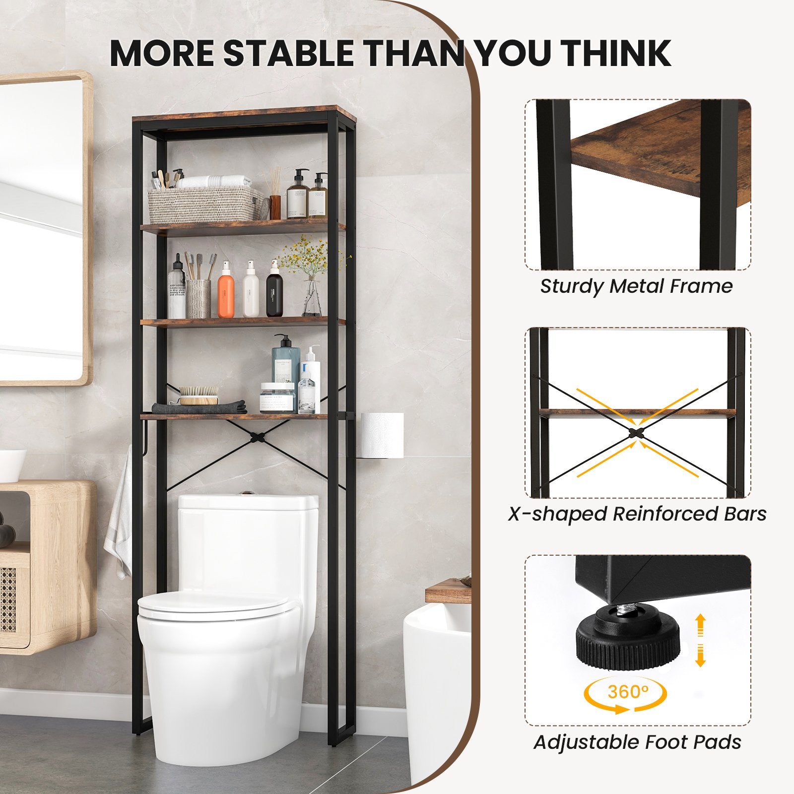 4-Tier Adjustable Bathroom Metal Storage Rack, Rustic Brown Bathroom Etagere   at Gallery Canada