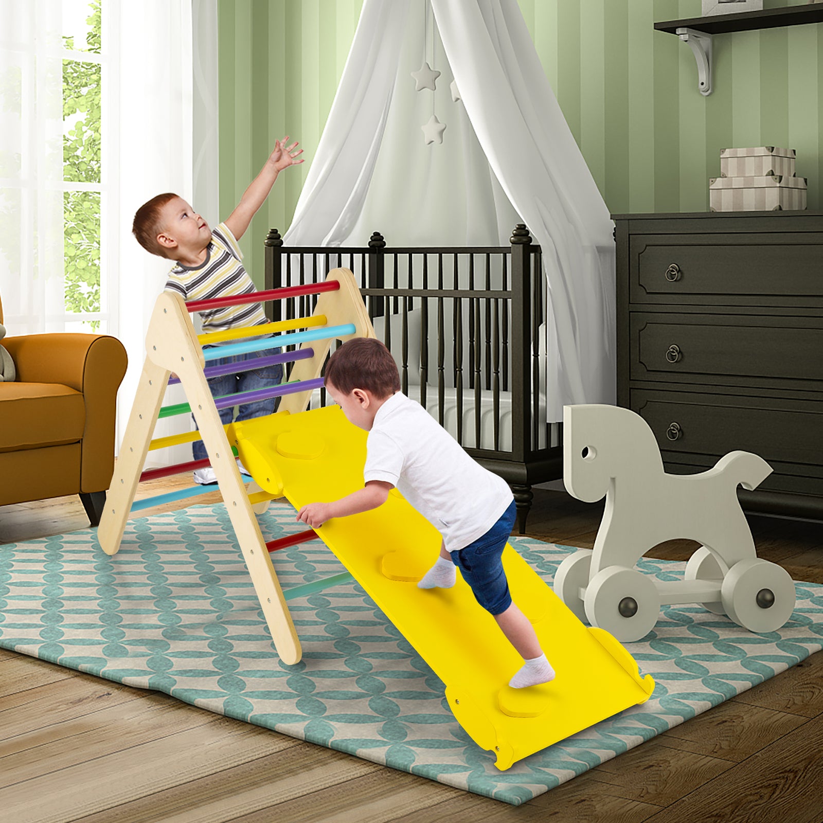 3-in-1 Wooden Climbing Triangle Set Triangle Climber with Ramp, Multicolor Climbers & Slides   at Gallery Canada