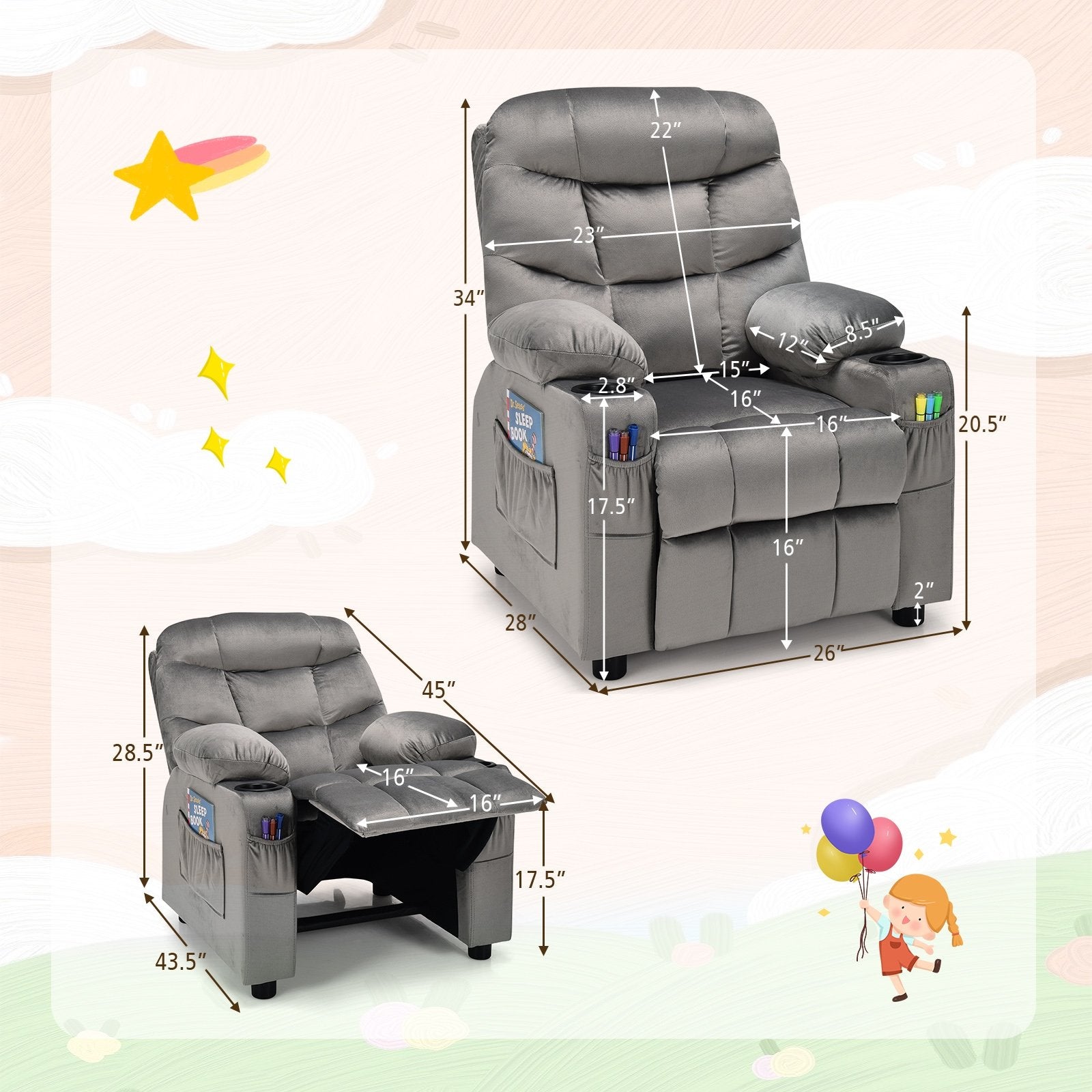 Kids Recliner Chair with Cup Holder and Footrest for Children, Light Gray Kids Chairs & Seating   at Gallery Canada