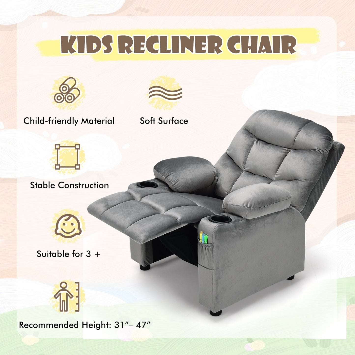 Kids Recliner Chair with Cup Holder and Footrest for Children, Light Gray Kids Chairs & Seating   at Gallery Canada