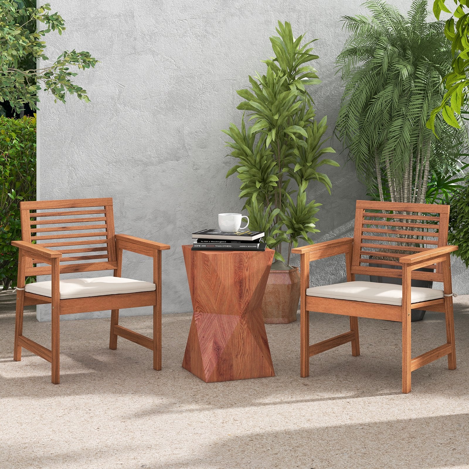 Set of 2 Patio Solid Wood Dining Chairs with Cushions and Slatted Seat, Natural Patio Dining Chairs   at Gallery Canada