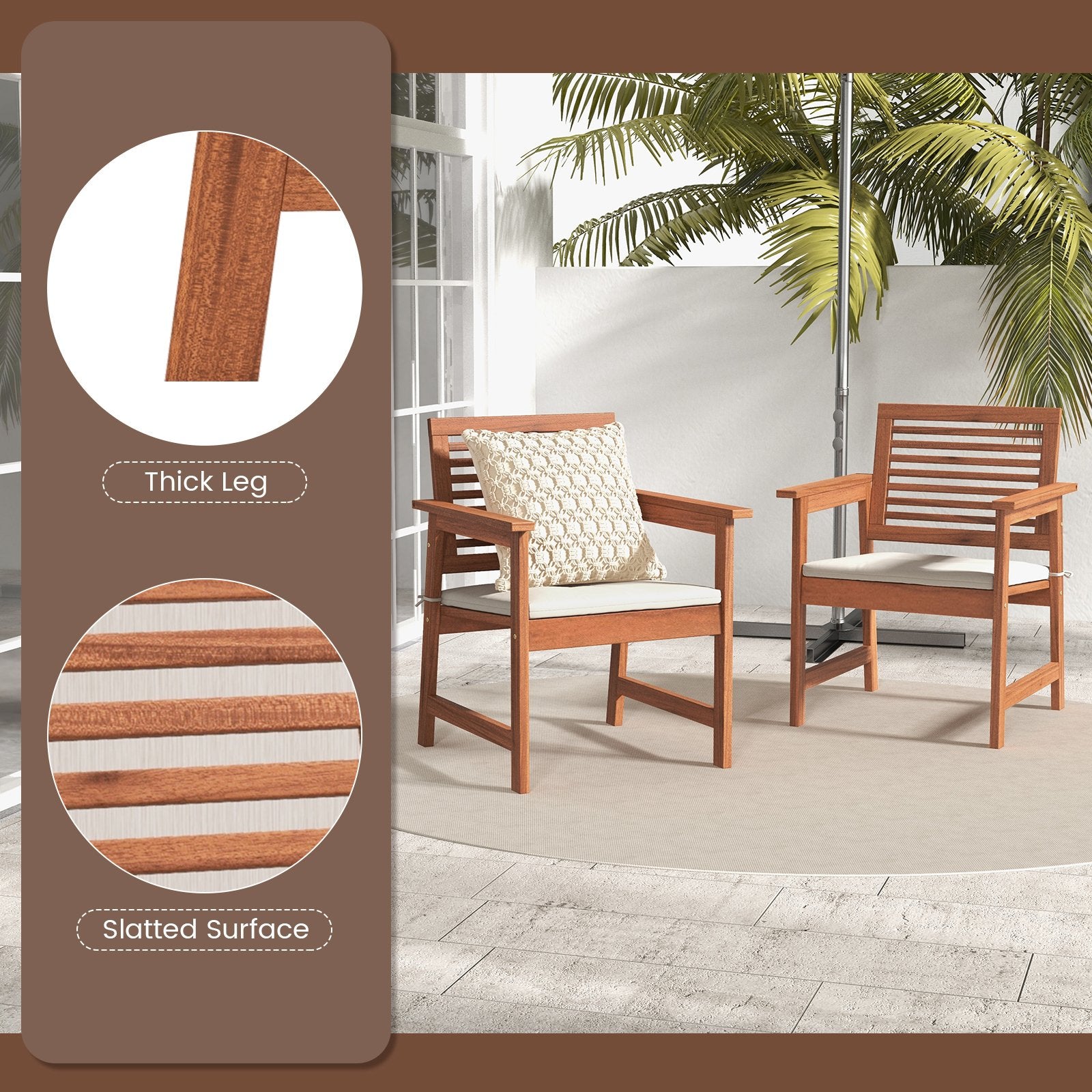 Set of 2 Patio Solid Wood Dining Chairs with Cushions and Slatted Seat, Natural Patio Dining Chairs   at Gallery Canada