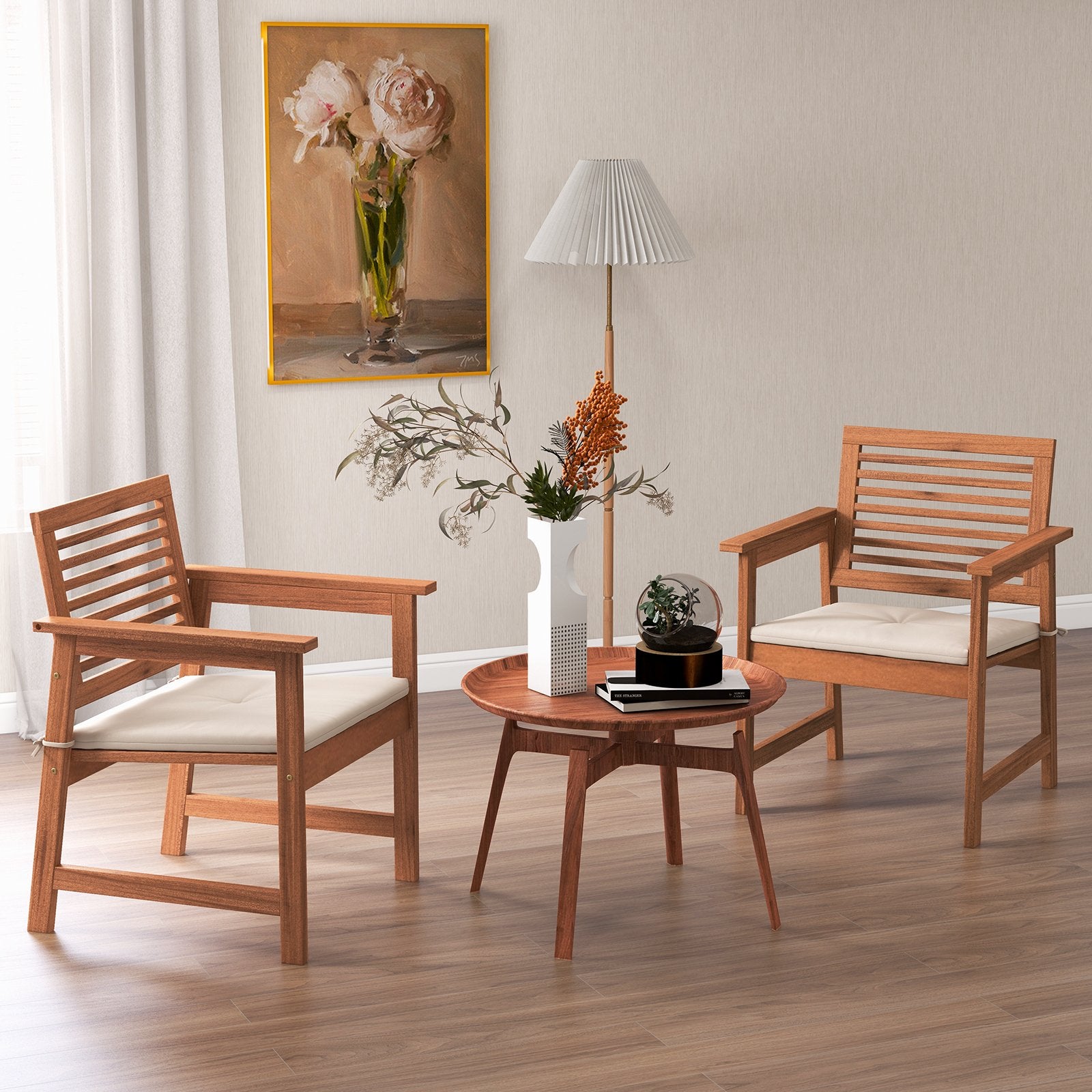 Set of 2 Patio Solid Wood Dining Chairs with Cushions and Slatted Seat, Natural Patio Dining Chairs   at Gallery Canada