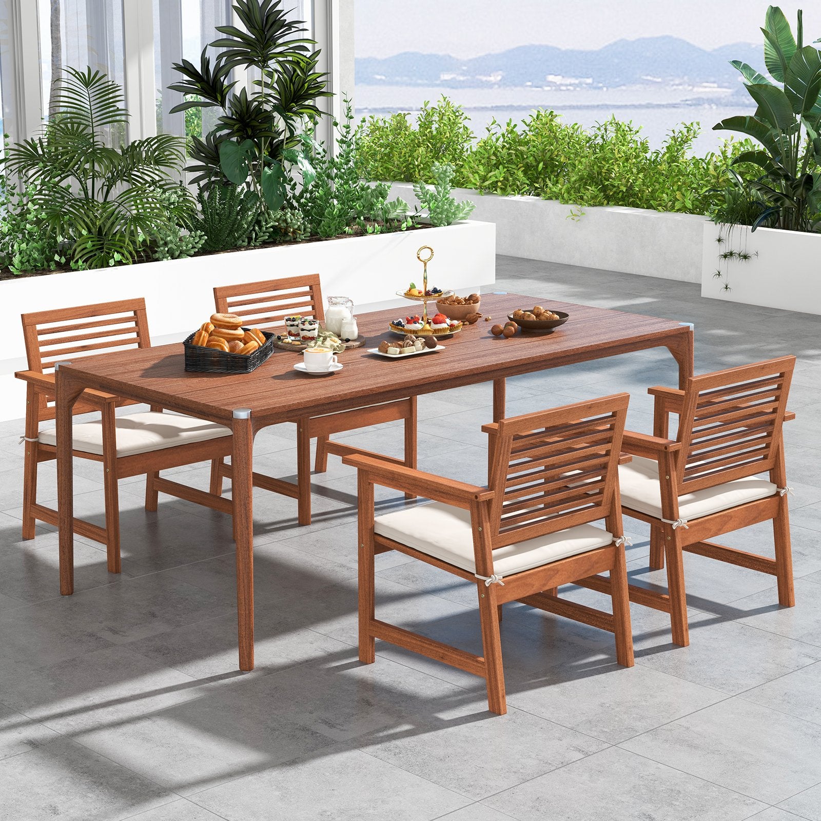 Set of 2 Patio Solid Wood Dining Chairs with Cushions and Slatted Seat, Natural Patio Dining Chairs   at Gallery Canada