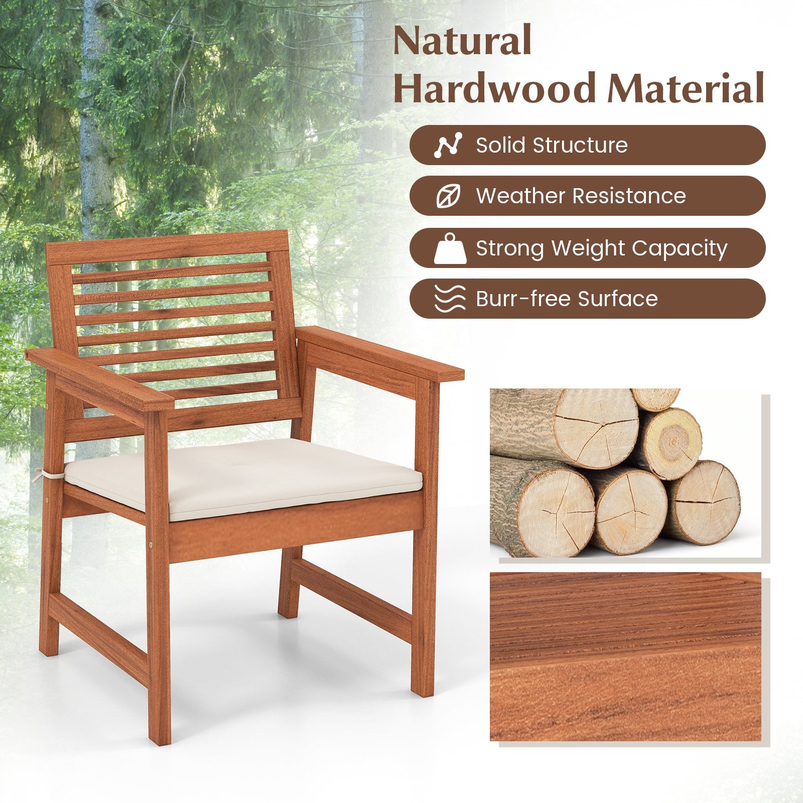 Set of 2 Patio Solid Wood Dining Chairs with Cushions and Slatted Seat, Natural Patio Dining Chairs   at Gallery Canada