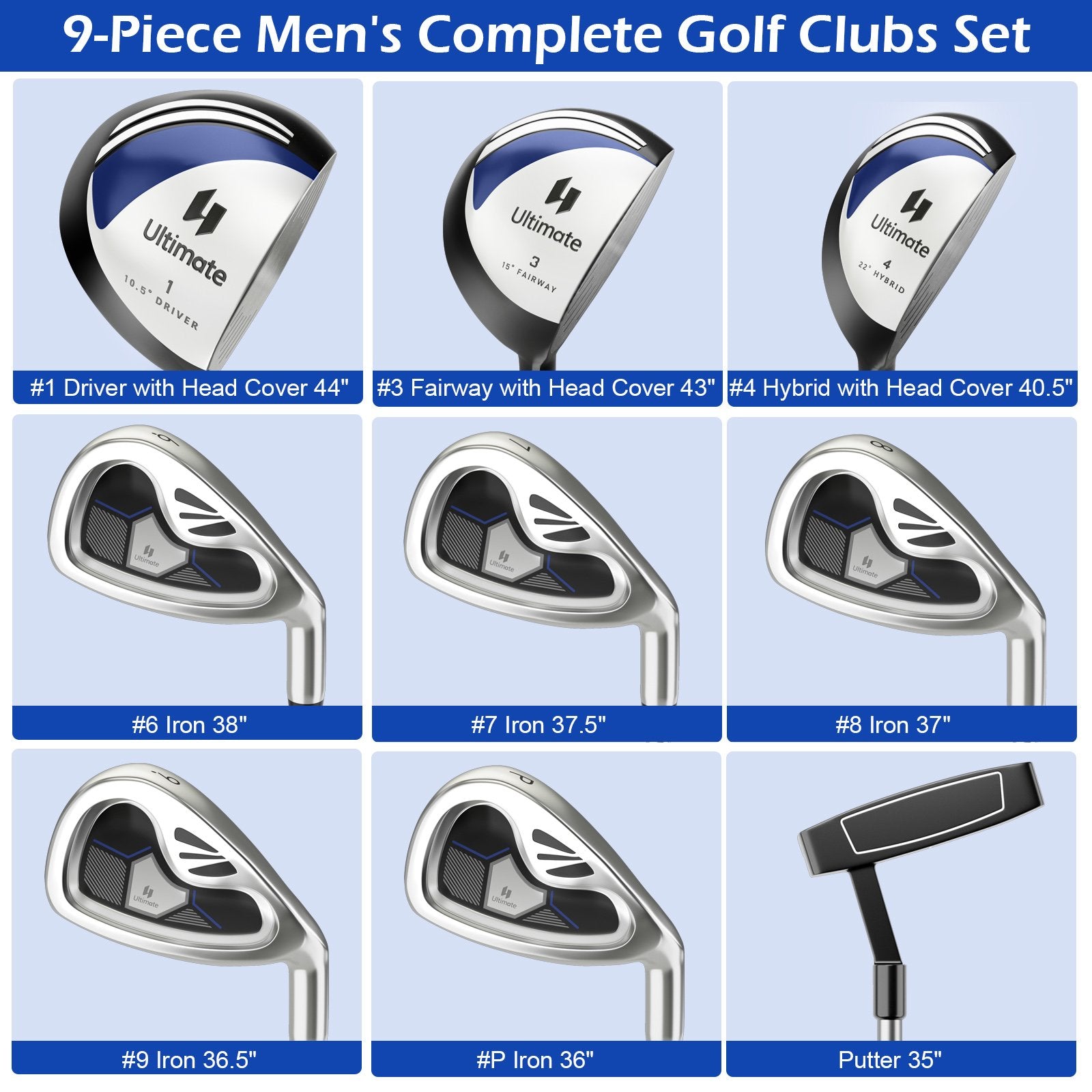 Men's 9 Pieces Complete Golf Club Set, Navy Golf   at Gallery Canada