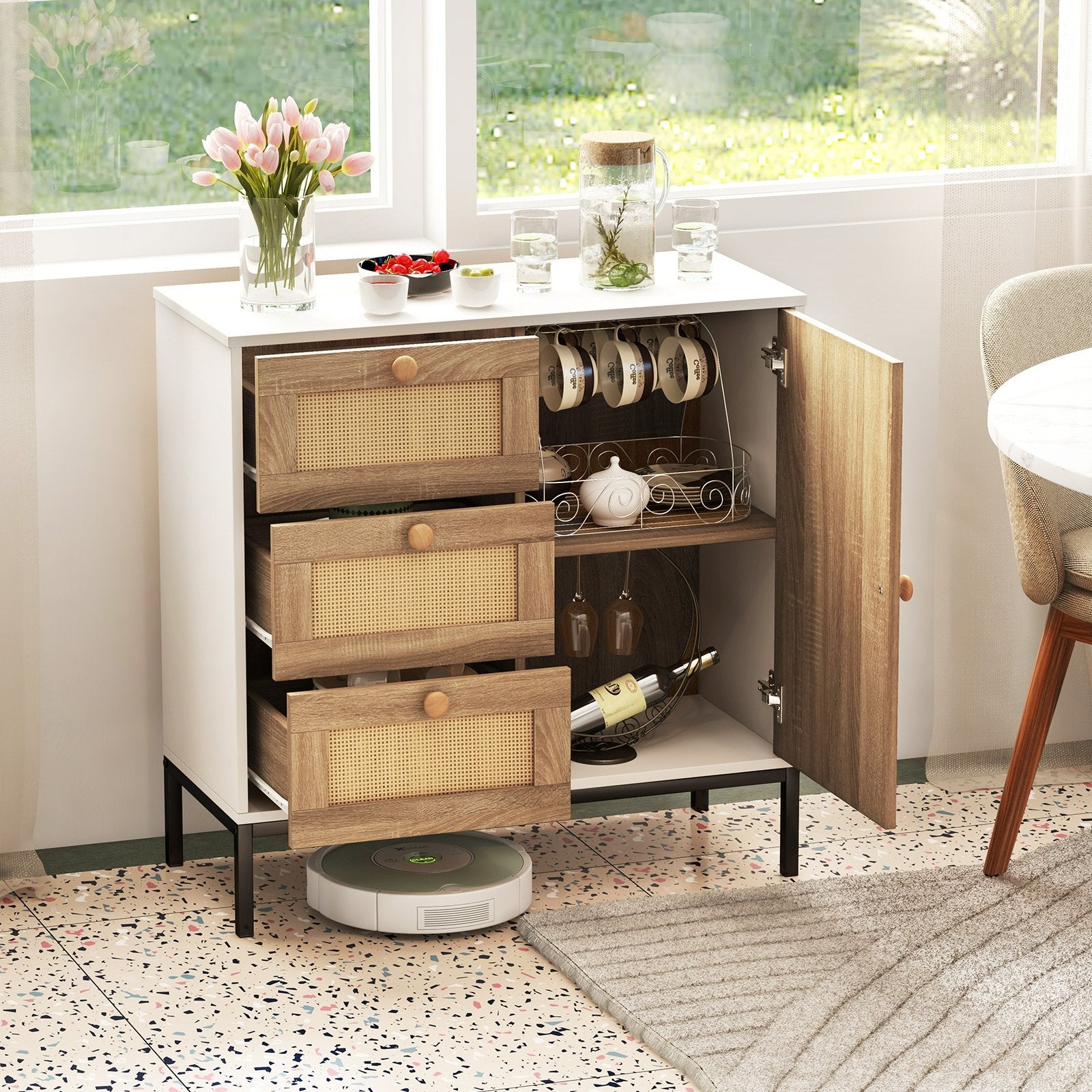 Rattan Sideboard Buffet Cabinet with 1 Door and 3 Drawers, White Cabinets & Chests   at Gallery Canada