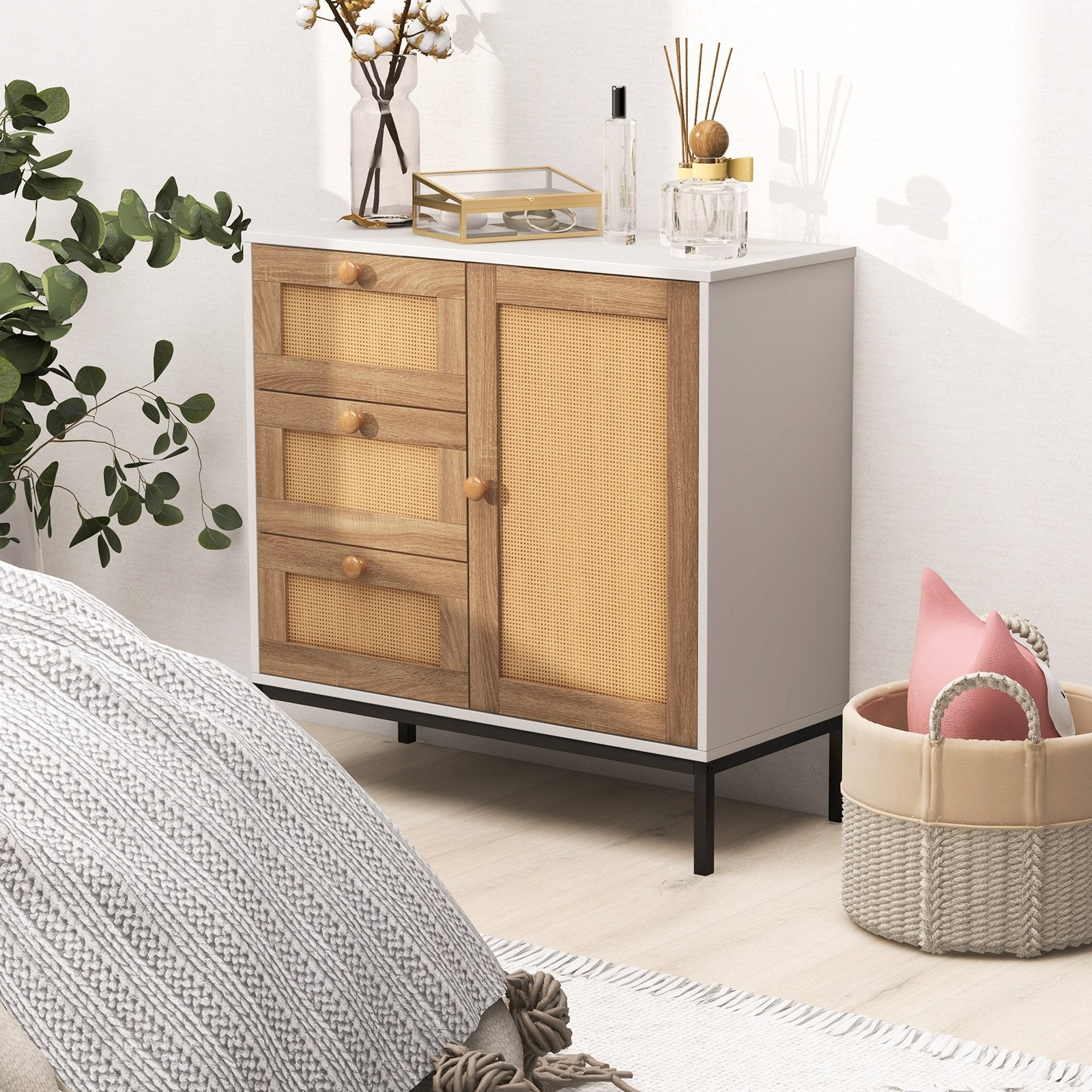 Rattan Sideboard Buffet Cabinet with 1 Door and 3 Drawers, White Cabinets & Chests   at Gallery Canada