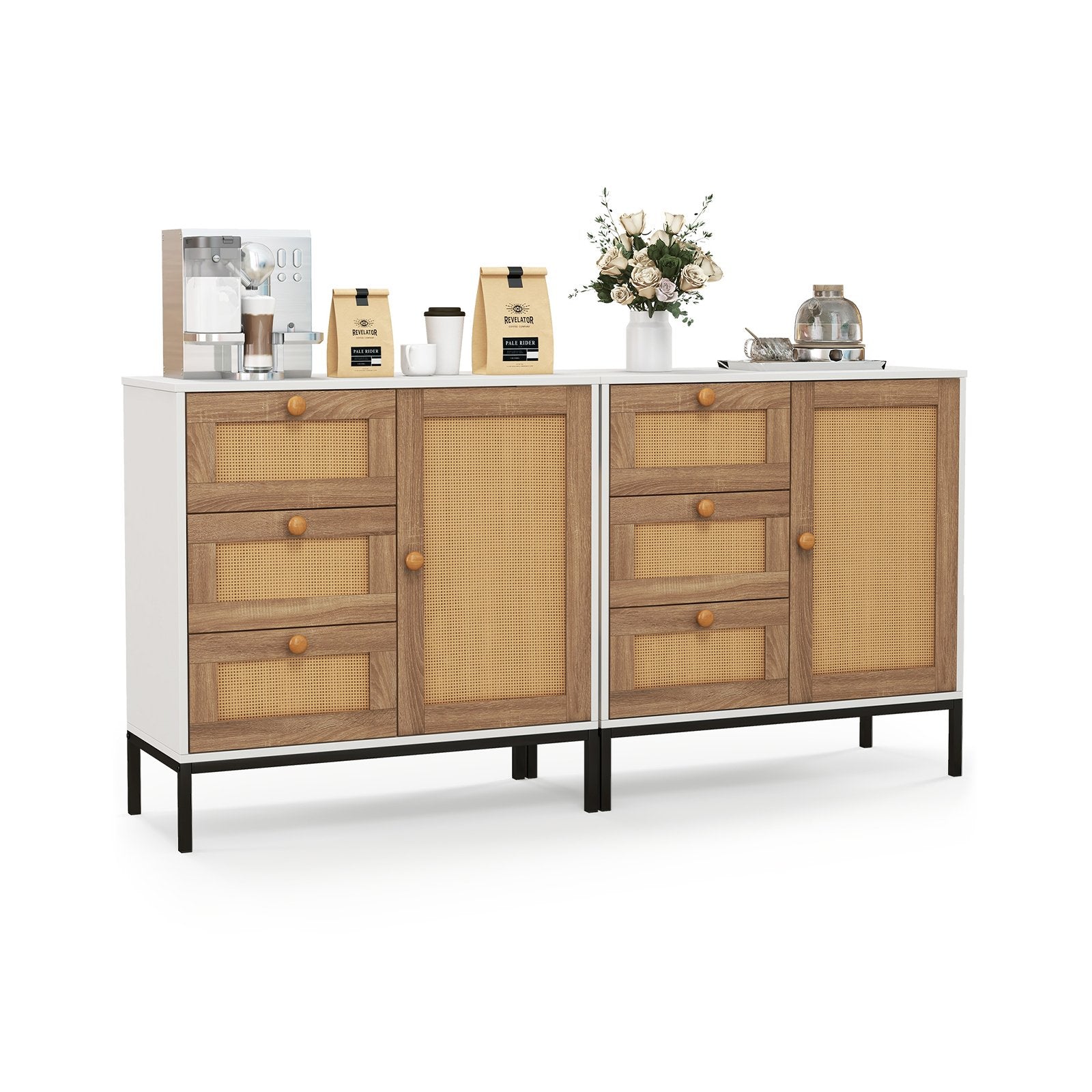 Rattan Sideboard Buffet Cabinet with 1 Door and 3 Drawers, White Cabinets & Chests   at Gallery Canada