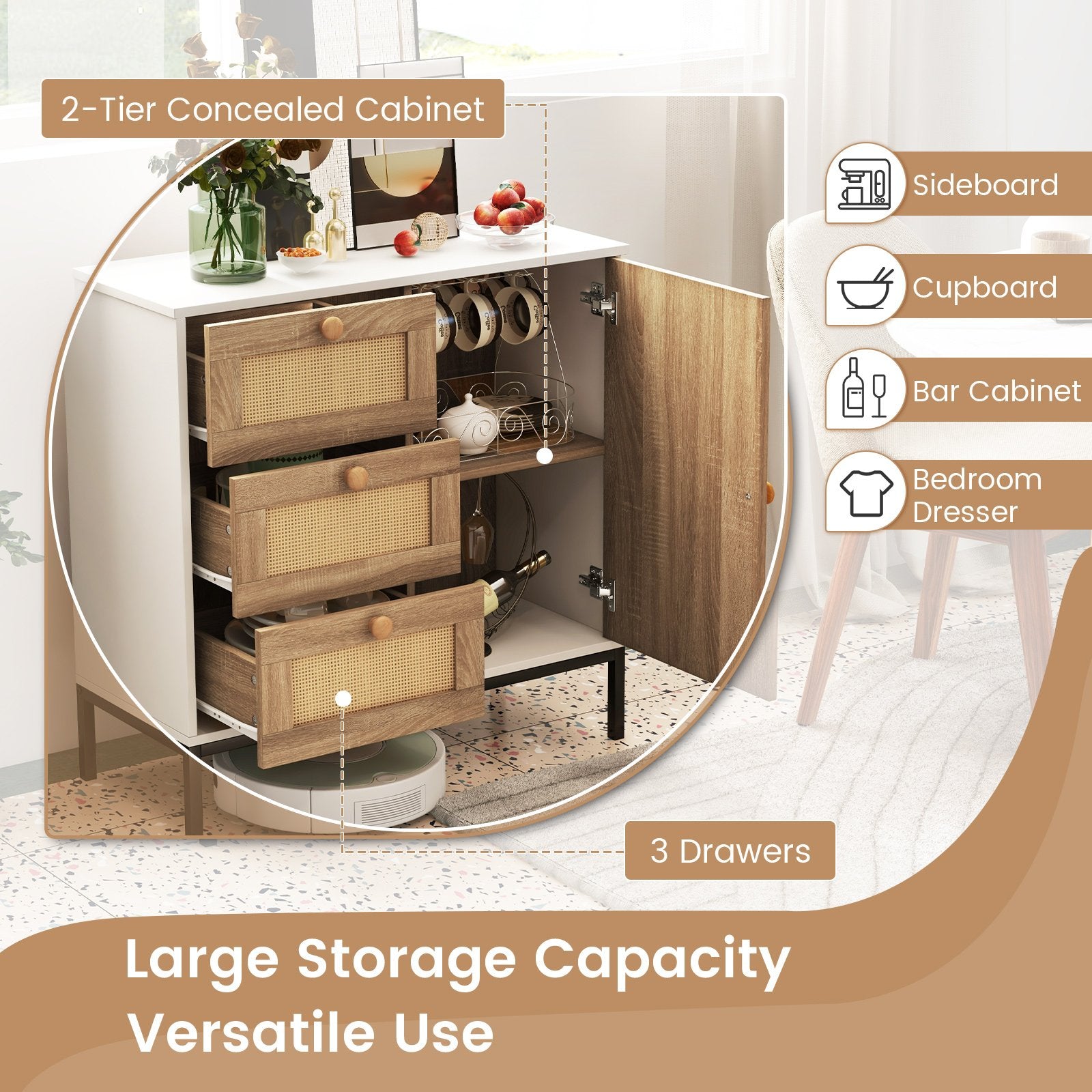 Rattan Sideboard Buffet Cabinet with 1 Door and 3 Drawers, White Cabinets & Chests   at Gallery Canada