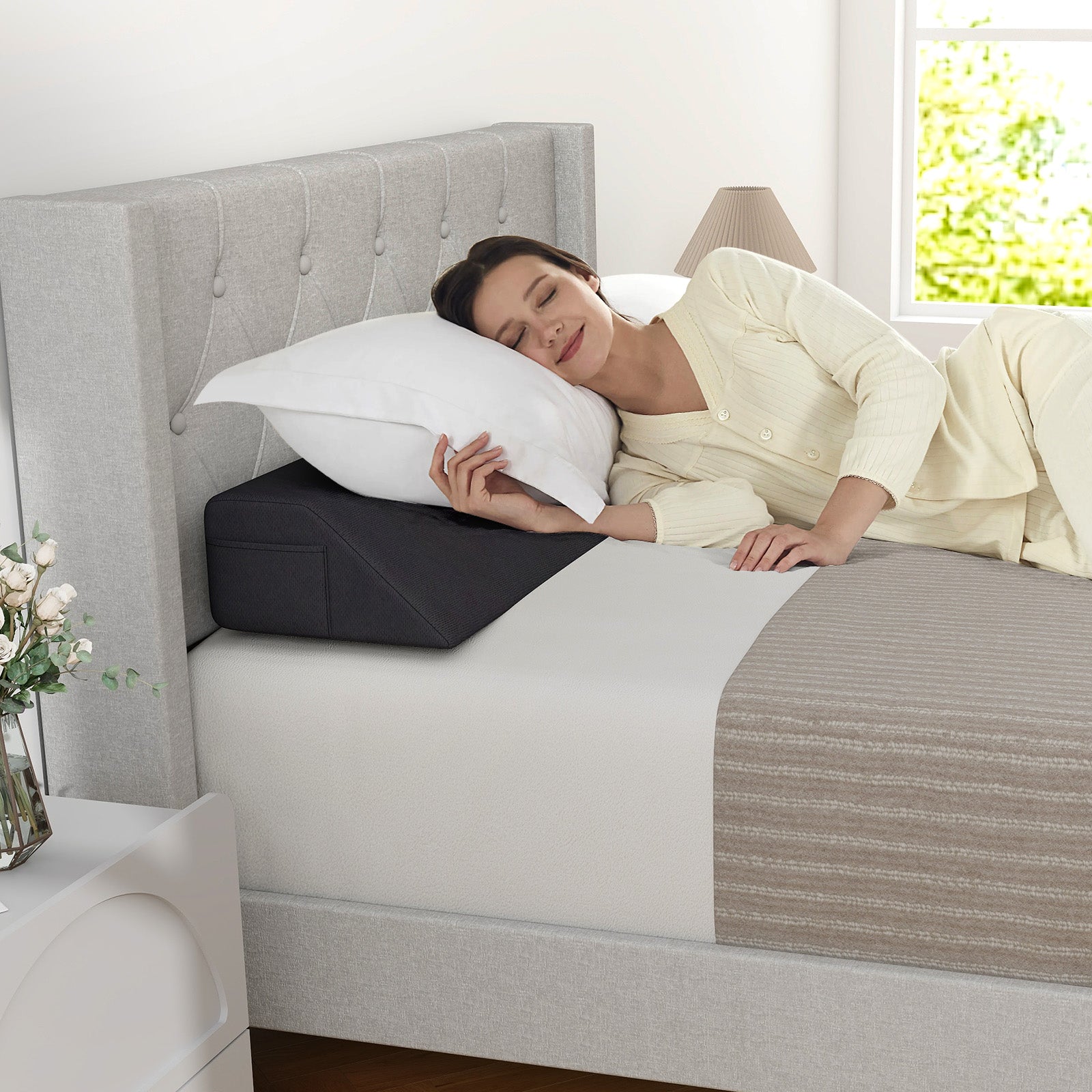Bed Wedge Pillow with Storage Bag-Twin Size, Gray Bedding at Gallery Canada