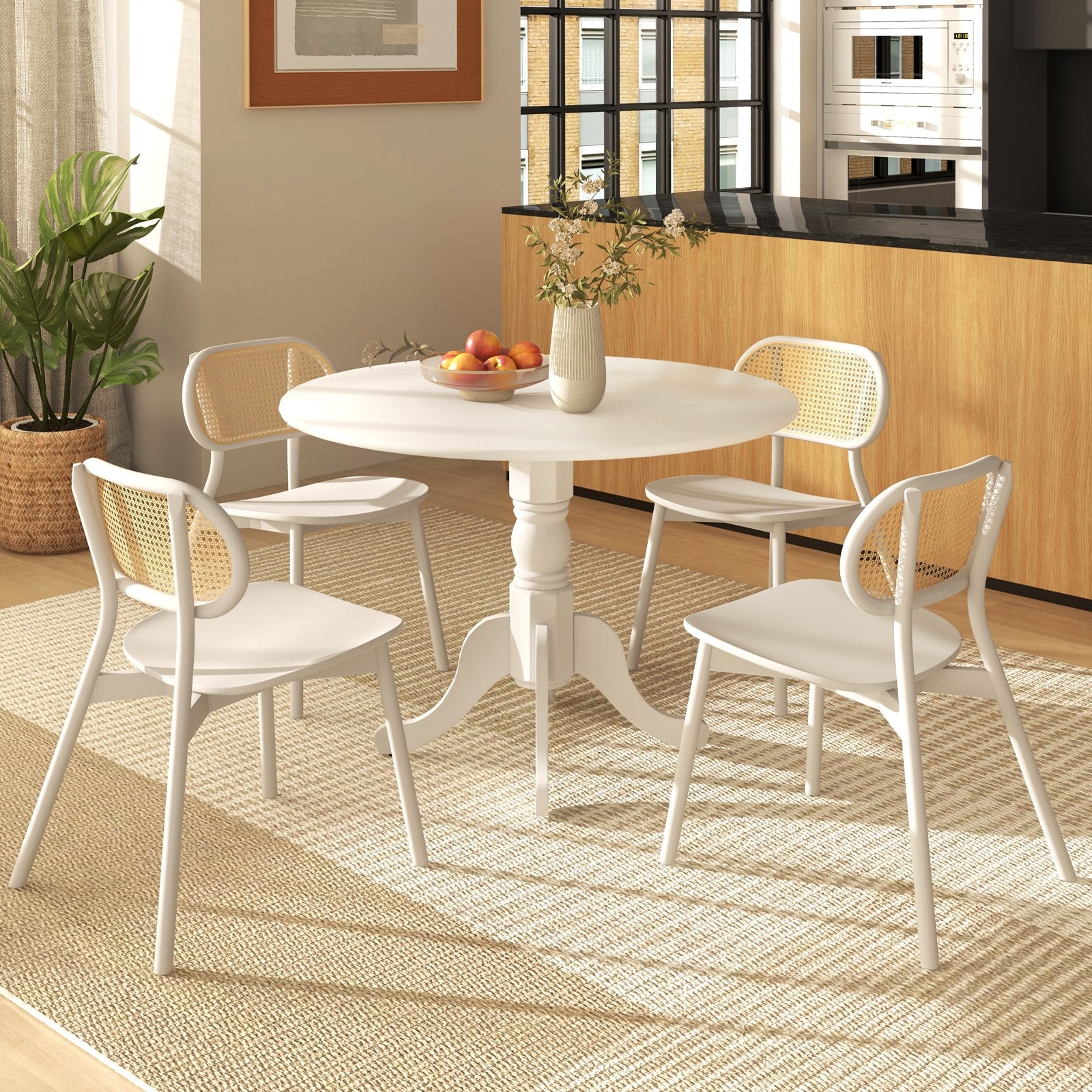 Wooden Dining Table with Round Tabletop and Curved Trestle Legs, White Dining Tables   at Gallery Canada