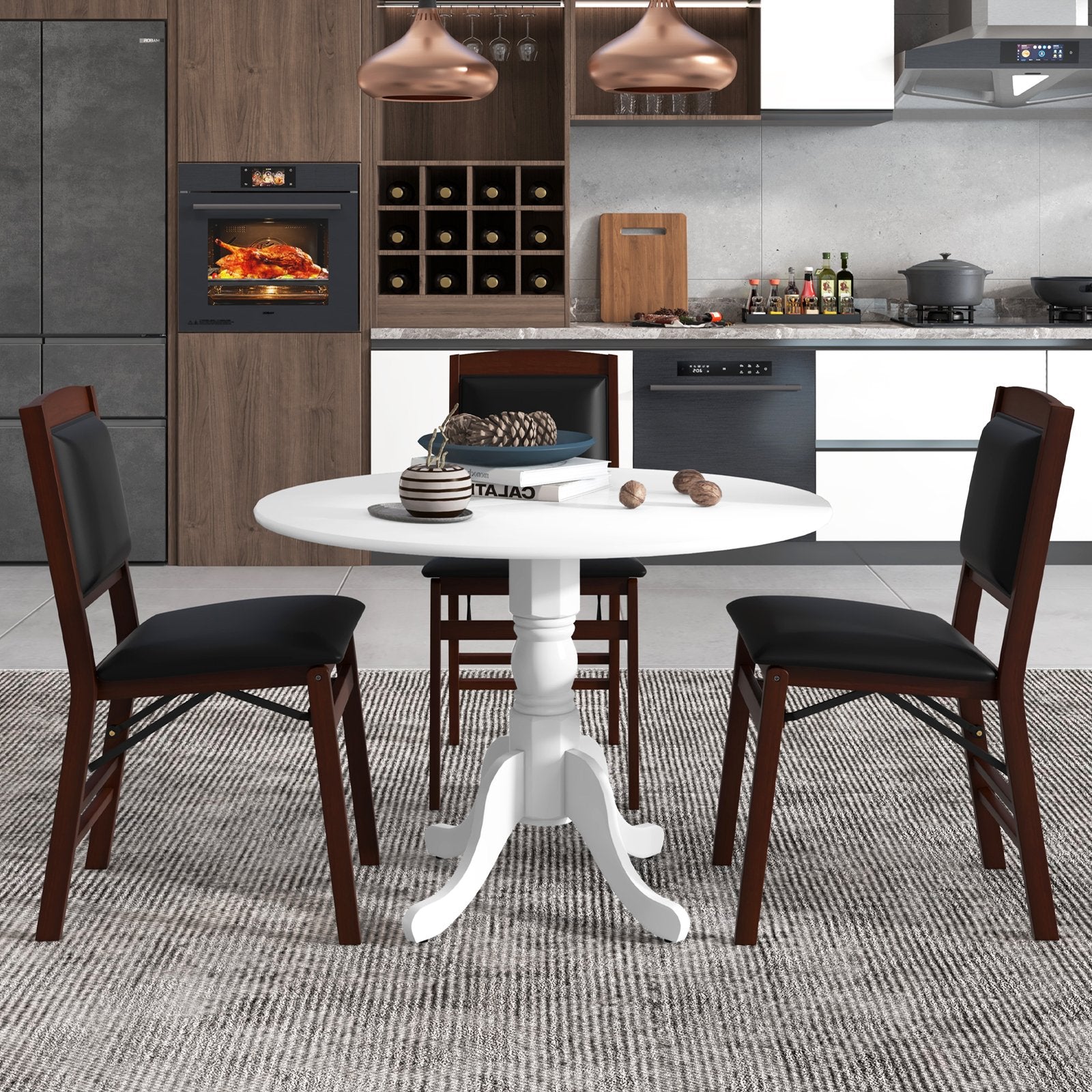 Wooden Dining Table with Round Tabletop and Curved Trestle Legs, White Dining Tables   at Gallery Canada