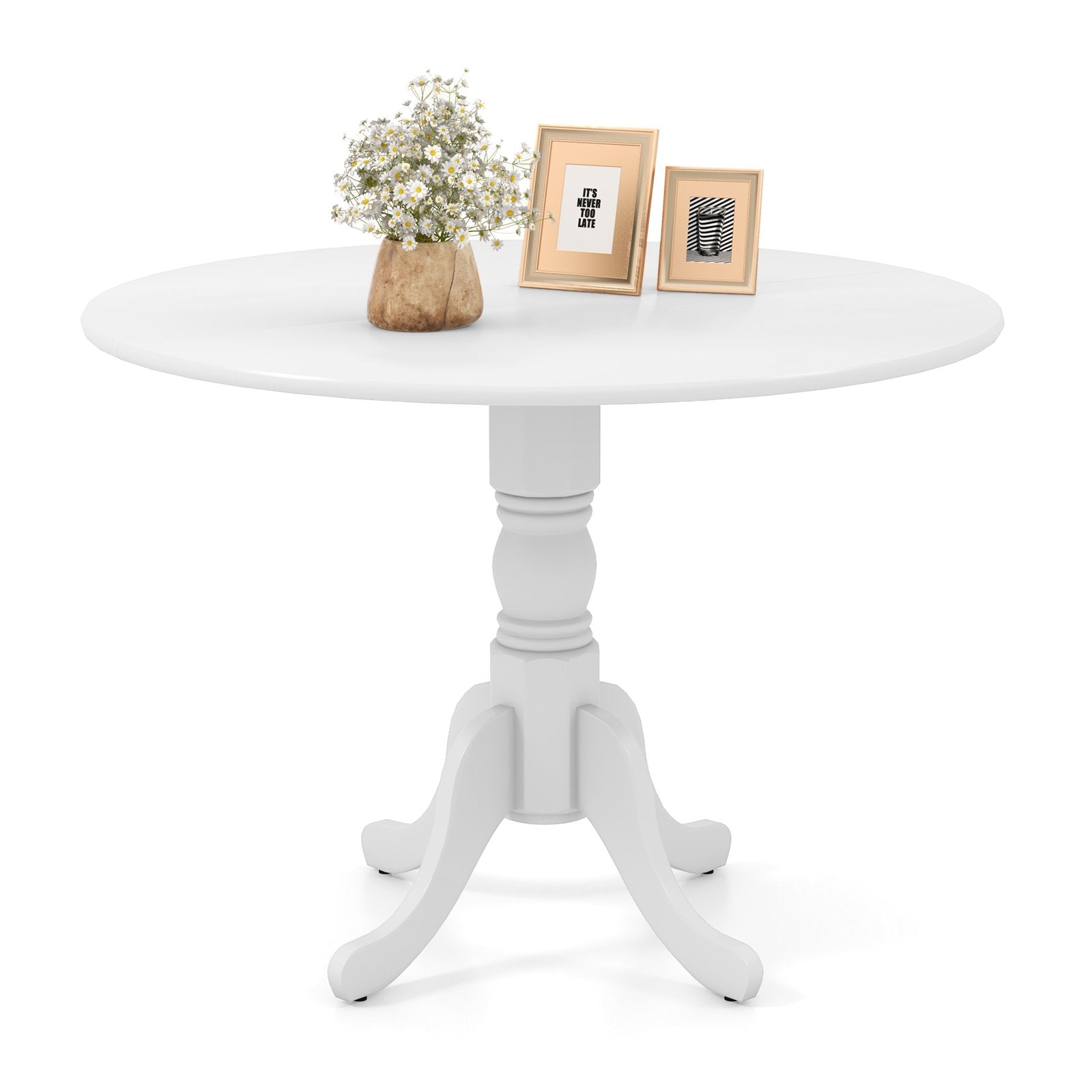 Wooden Dining Table with Round Tabletop and Curved Trestle Legs, White Dining Tables   at Gallery Canada