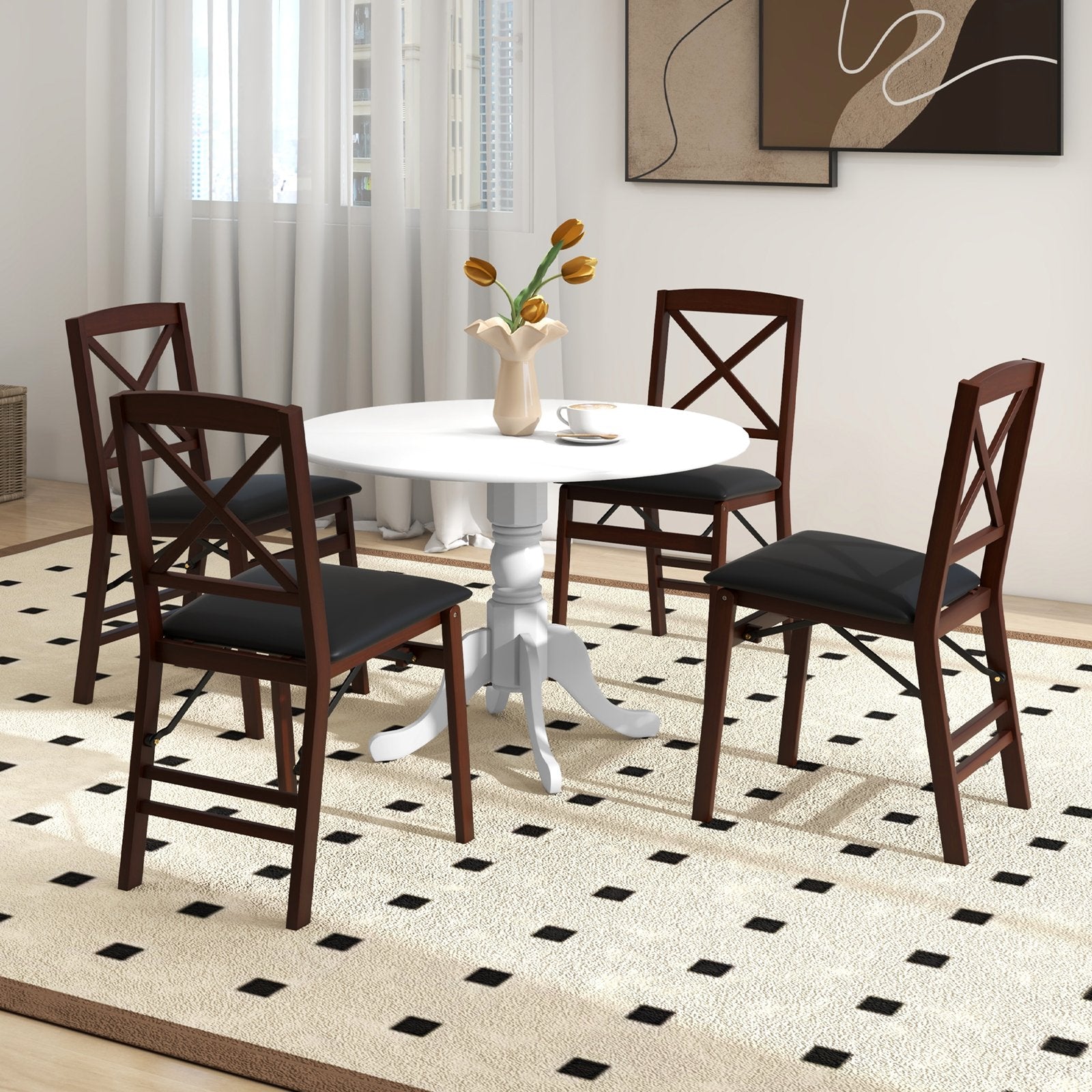 Wooden Dining Table with Round Tabletop and Curved Trestle Legs, White Dining Tables   at Gallery Canada