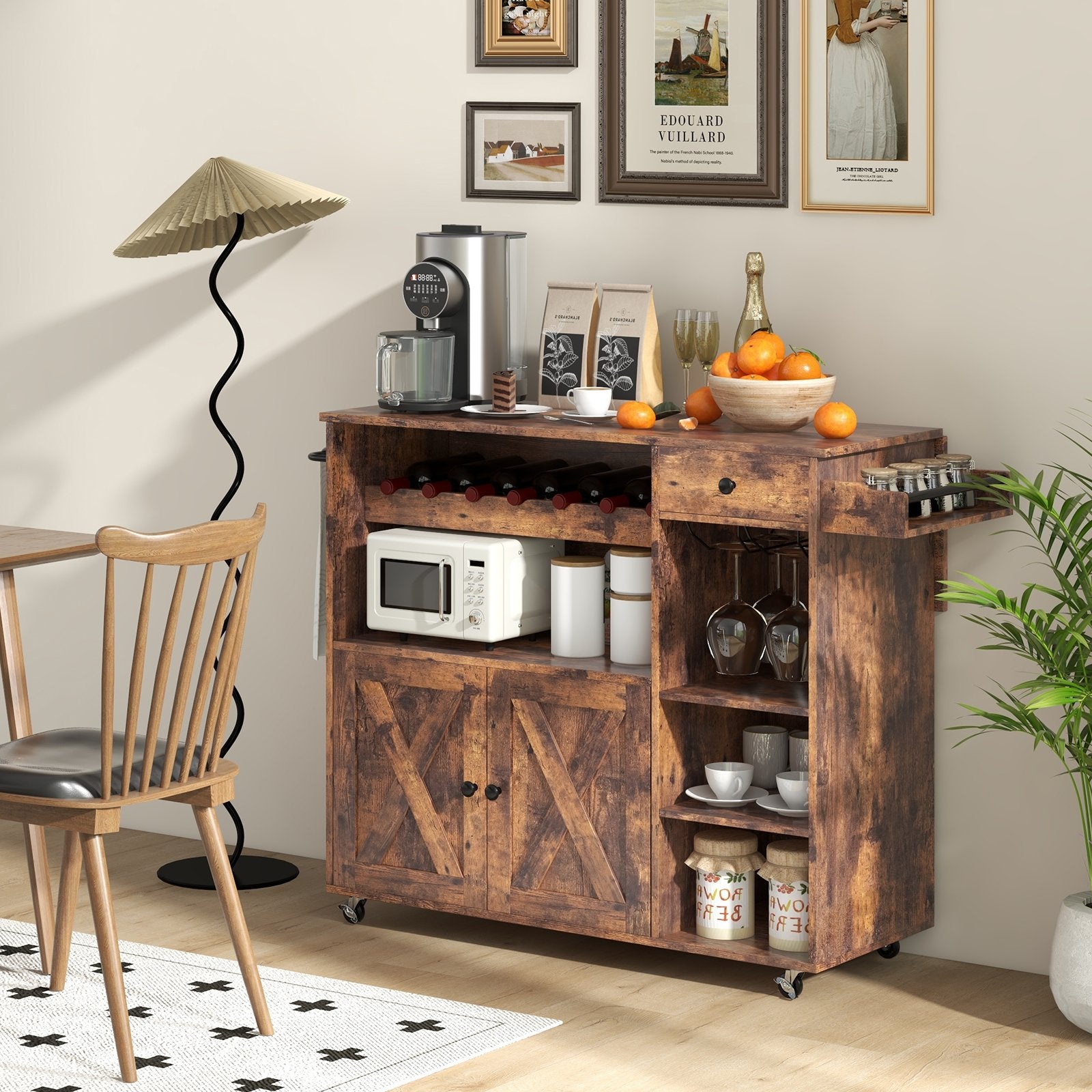 Rolling Kitchen Island Cart with Drop Leaf and Wine Rack, Rustic Brown Kitchen Islands & Carts   at Gallery Canada