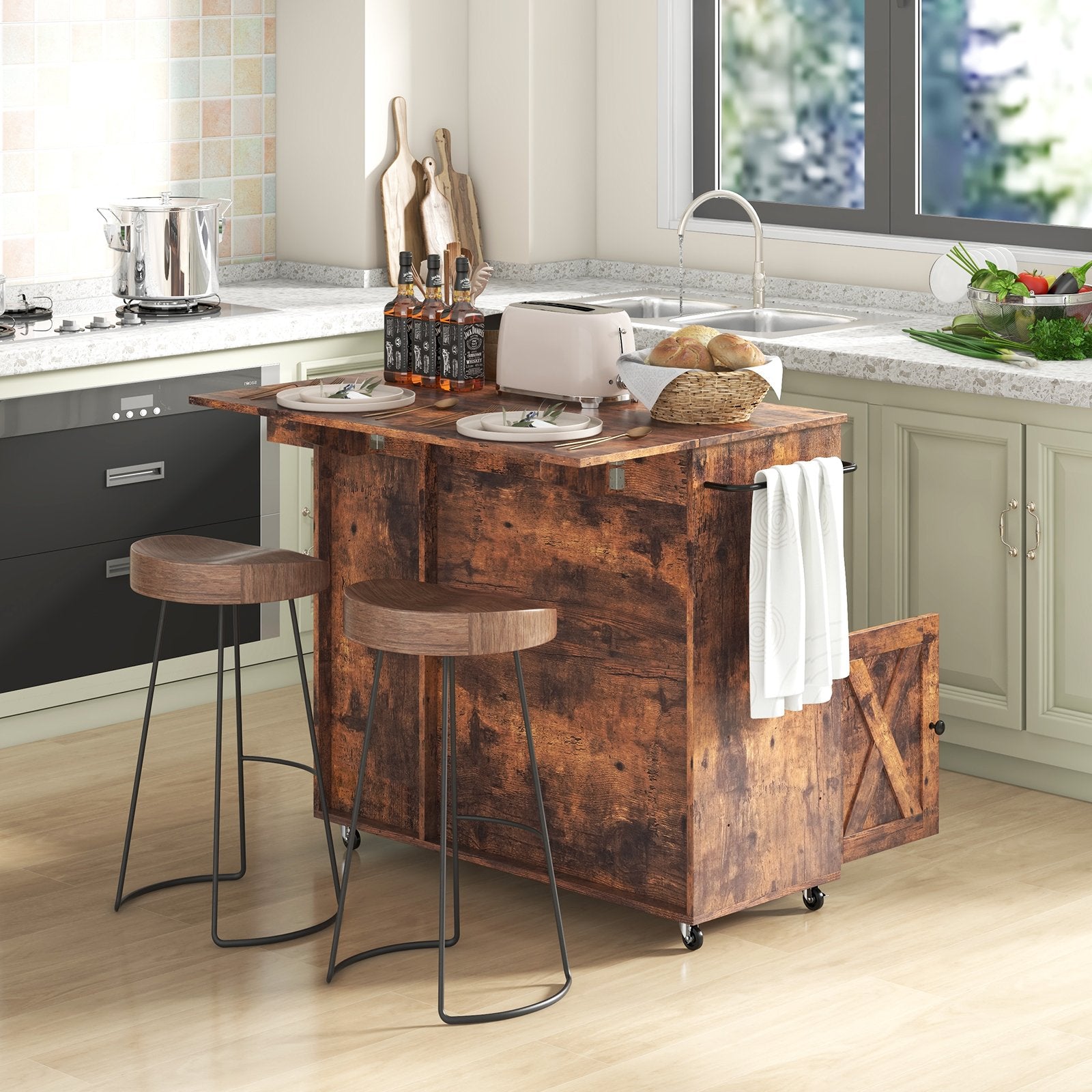 Rolling Kitchen Island Cart with Drop Leaf and Wine Rack, Rustic Brown Kitchen Islands & Carts   at Gallery Canada