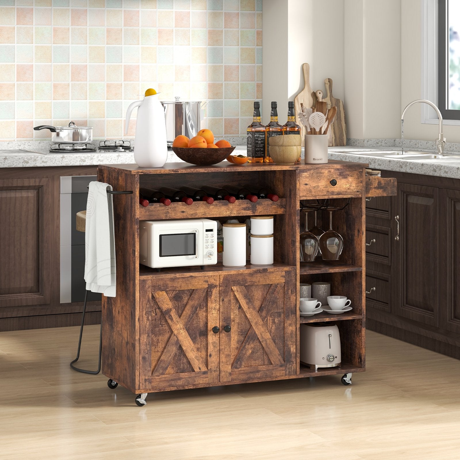 Rolling Kitchen Island Cart with Drop Leaf and Wine Rack, Rustic Brown Kitchen Islands & Carts   at Gallery Canada