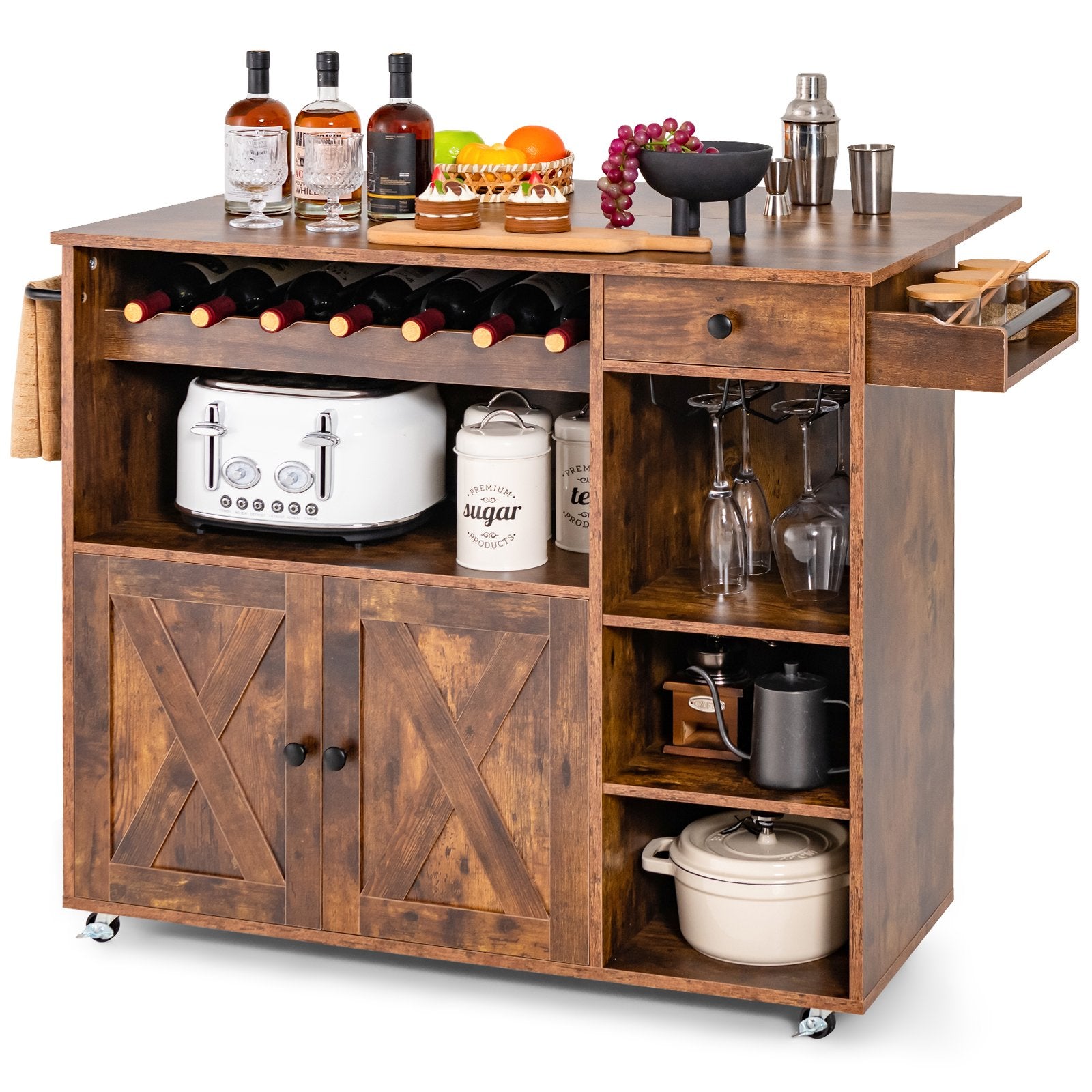 Rolling Kitchen Island Cart with Drop Leaf and Wine Rack, Rustic Brown Kitchen Islands & Carts   at Gallery Canada