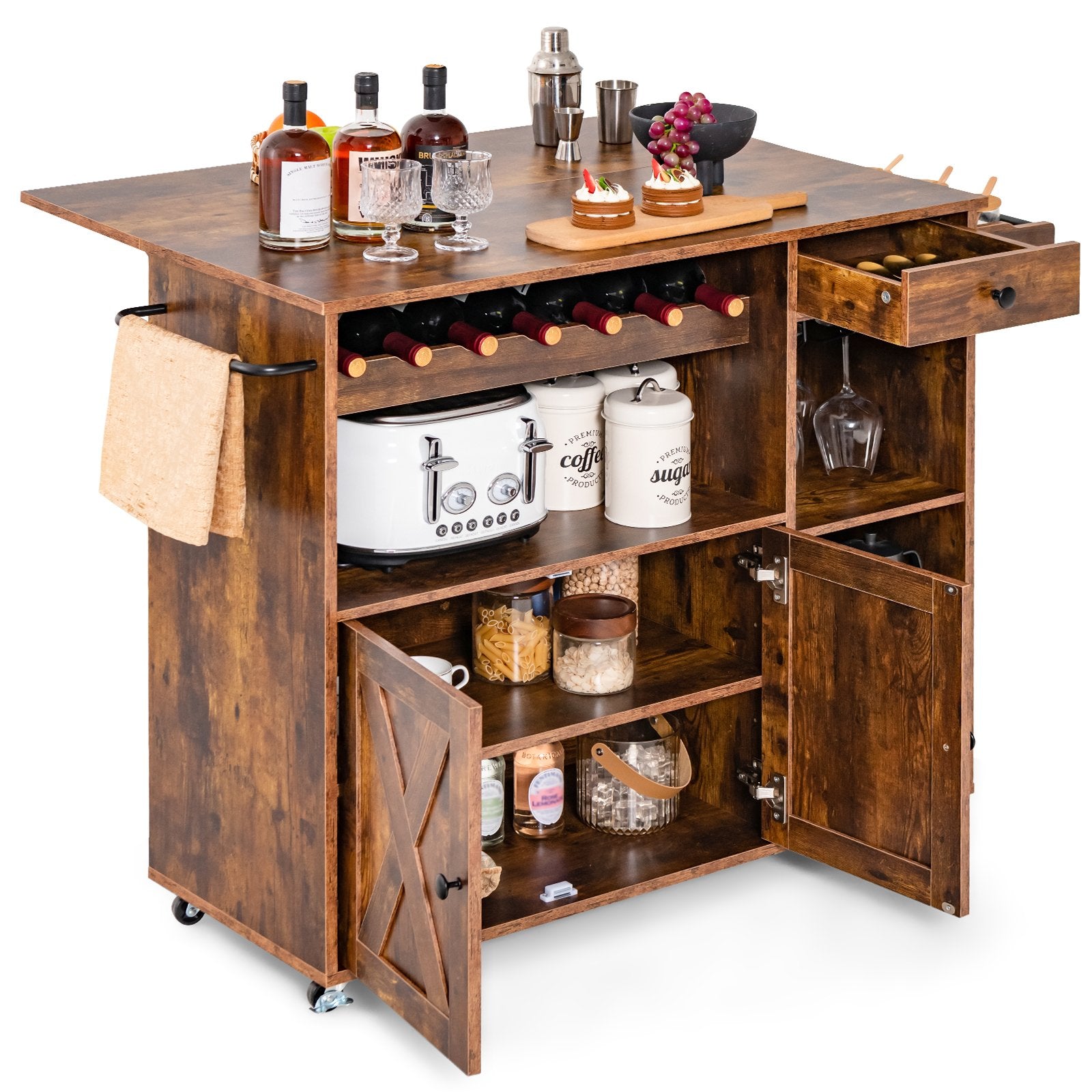 Rolling Kitchen Island Cart with Drop Leaf and Wine Rack, Rustic Brown Kitchen Islands & Carts   at Gallery Canada