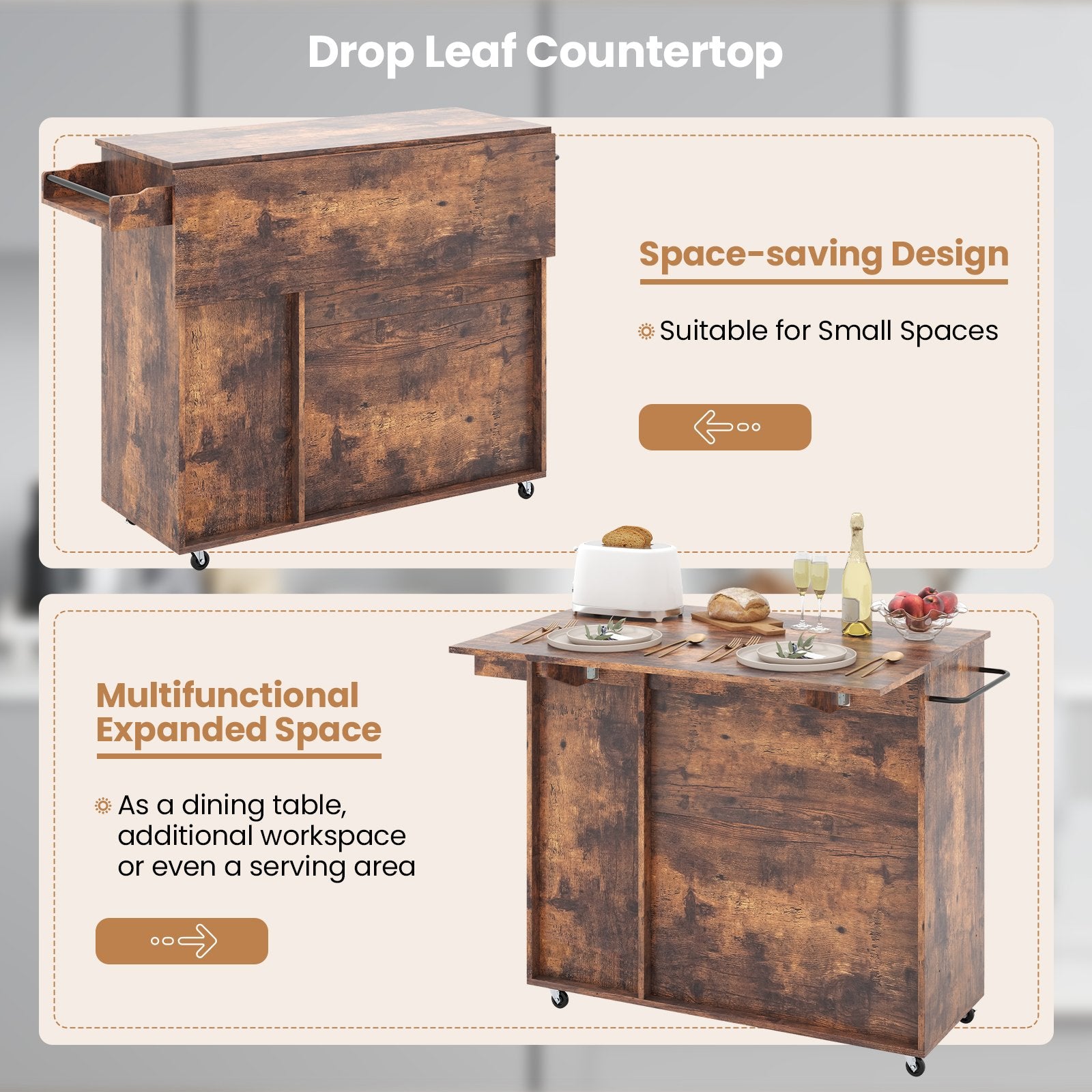 Rolling Kitchen Island Cart with Drop Leaf and Wine Rack, Rustic Brown Kitchen Islands & Carts   at Gallery Canada