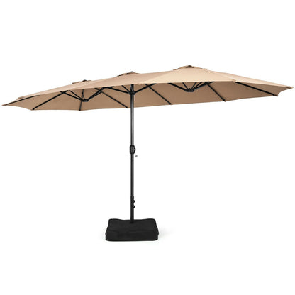 15 Feet Double-Sided Twin Patio Umbrella with Crank and Base Coffee in Outdoor Market, Brown - Gallery Canada