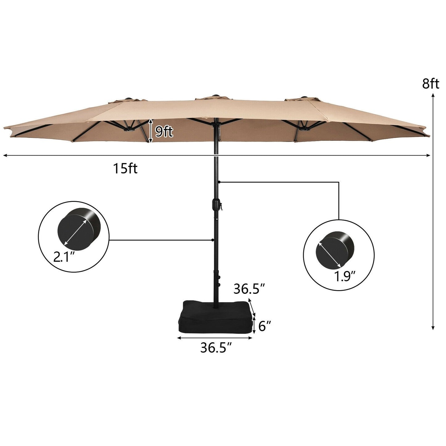 15 Feet Double-Sided Twin Patio Umbrella with Crank and Base Coffee in Outdoor Market, Brown - Gallery Canada