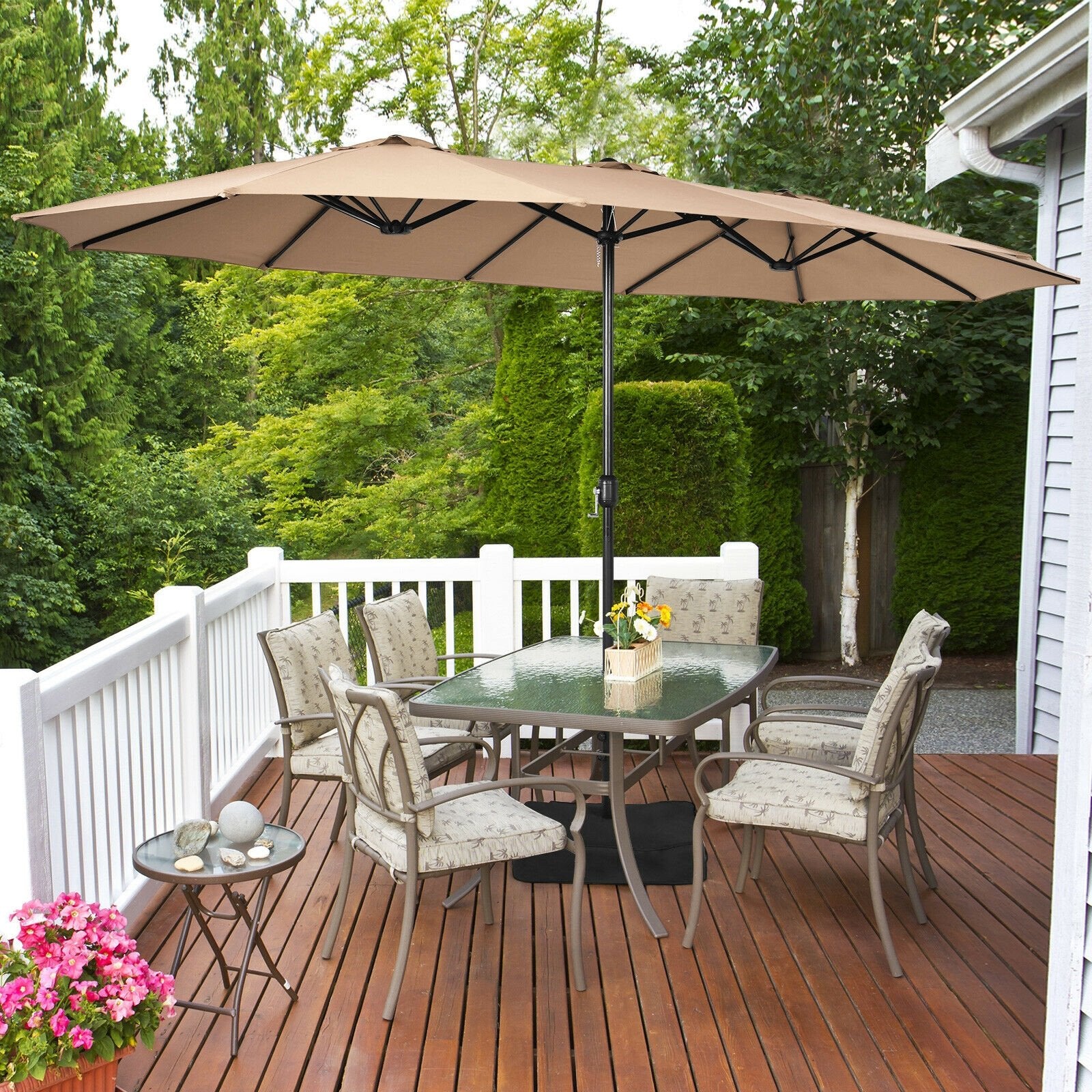 15 Feet Double-Sided Twin Patio Umbrella with Crank and Base Coffee in Outdoor Market, Brown - Gallery Canada