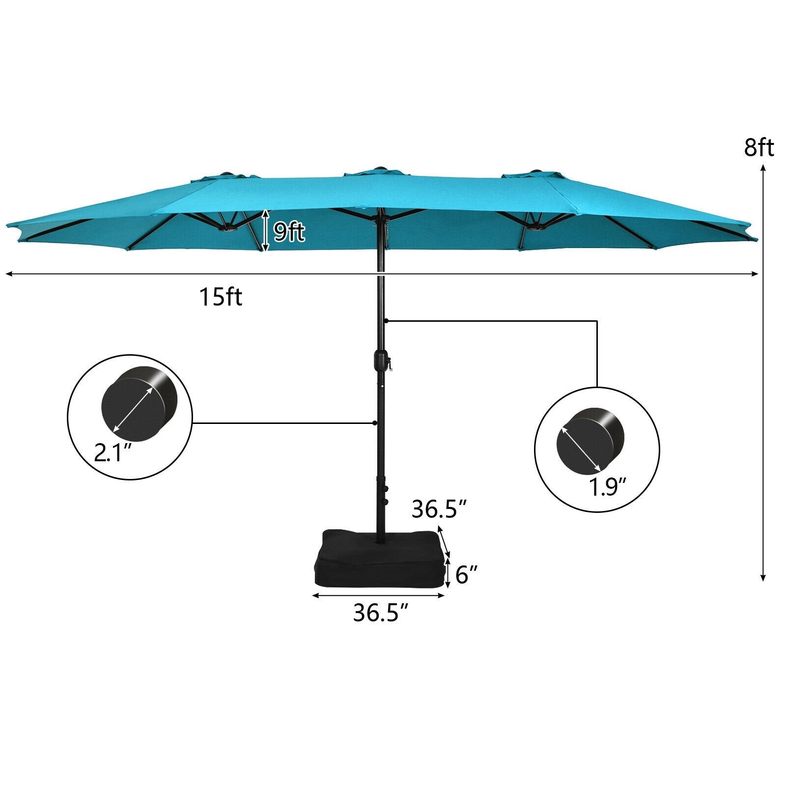 15 Feet Double-Sided Twin Patio Umbrella with Crank and Base Coffee in Outdoor Market, Turquoise Outdoor Umbrellas   at Gallery Canada