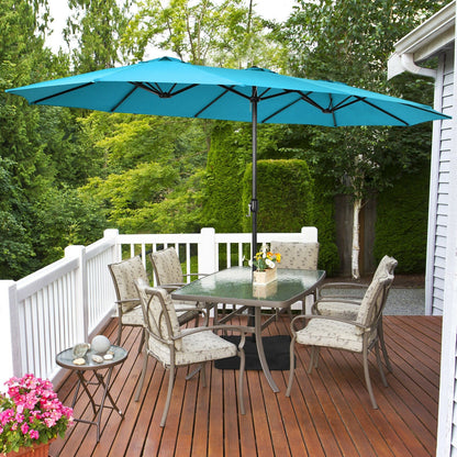 15 Feet Double-Sided Twin Patio Umbrella with Crank and Base Coffee in Outdoor Market, Turquoise Outdoor Umbrellas   at Gallery Canada