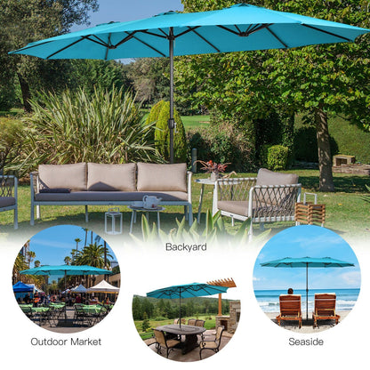 15 Feet Double-Sided Twin Patio Umbrella with Crank and Base Coffee in Outdoor Market, Turquoise Outdoor Umbrellas   at Gallery Canada